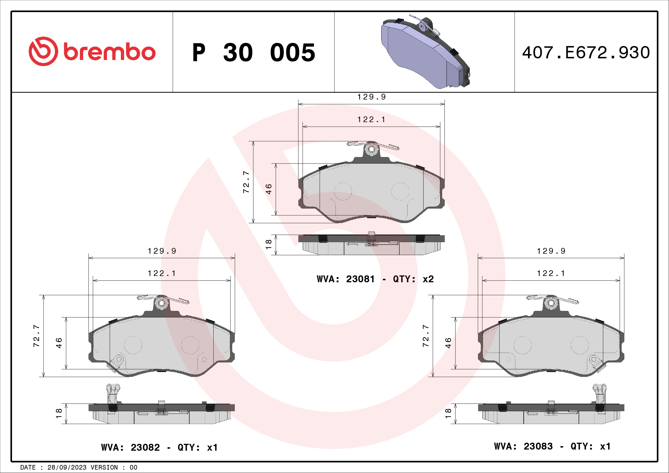Jeu de 4 plaquettes de frein BREMBO ref. P 30 005