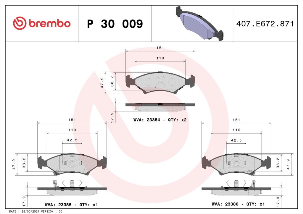 Jeu de 4 plaquettes de frein BREMBO ref. P 30 009