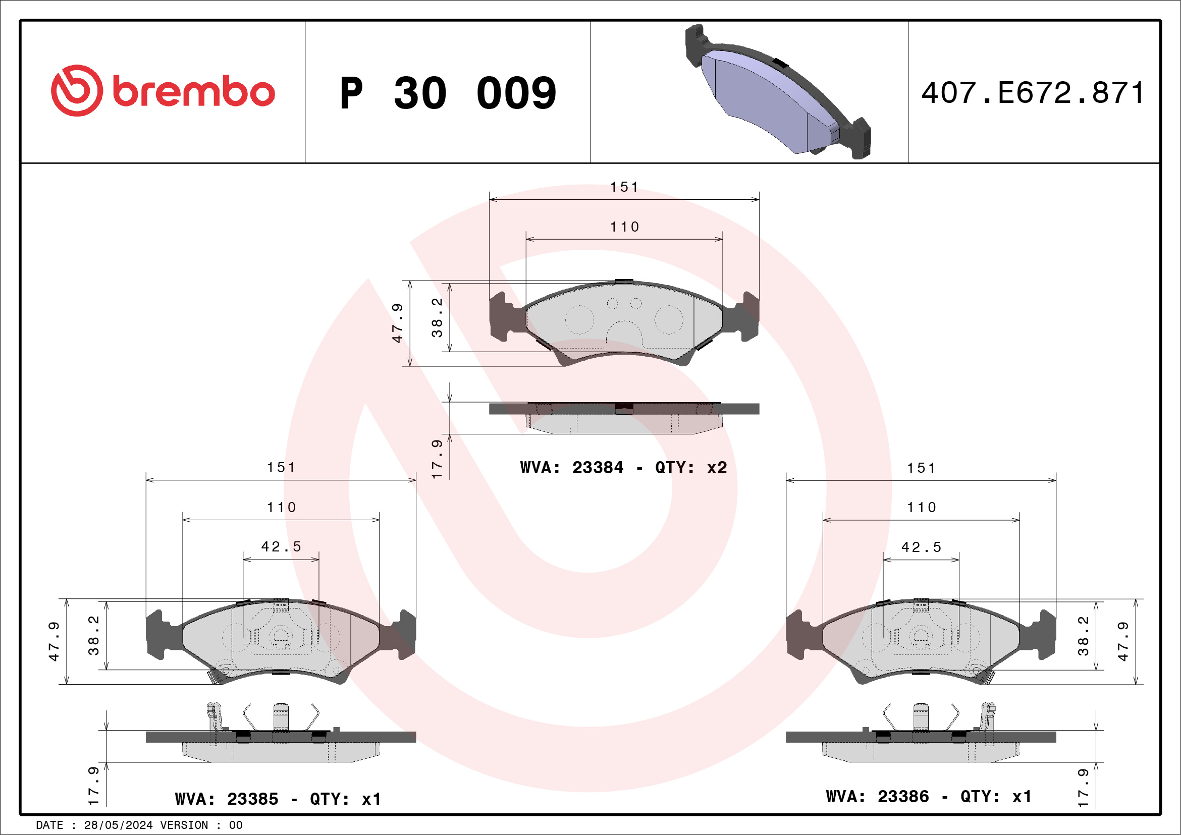 Jeu de 4 plaquettes de frein BREMBO ref. P 30 009
