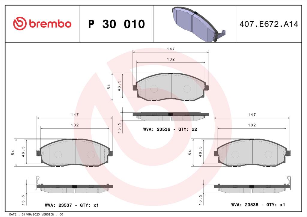 Jogo de 4 pastilhas de travão BREMBO ref. P 30 010
