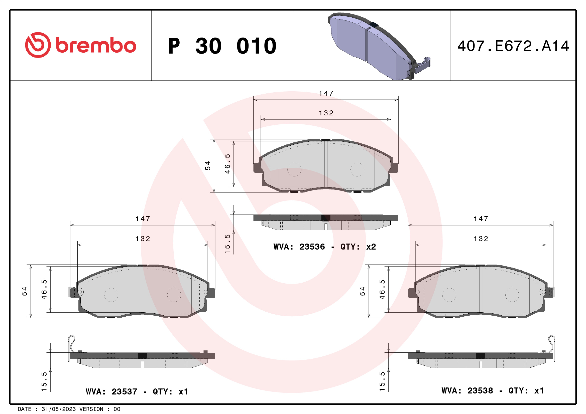 Jogo de 4 pastilhas de travão BREMBO ref. P 30 010