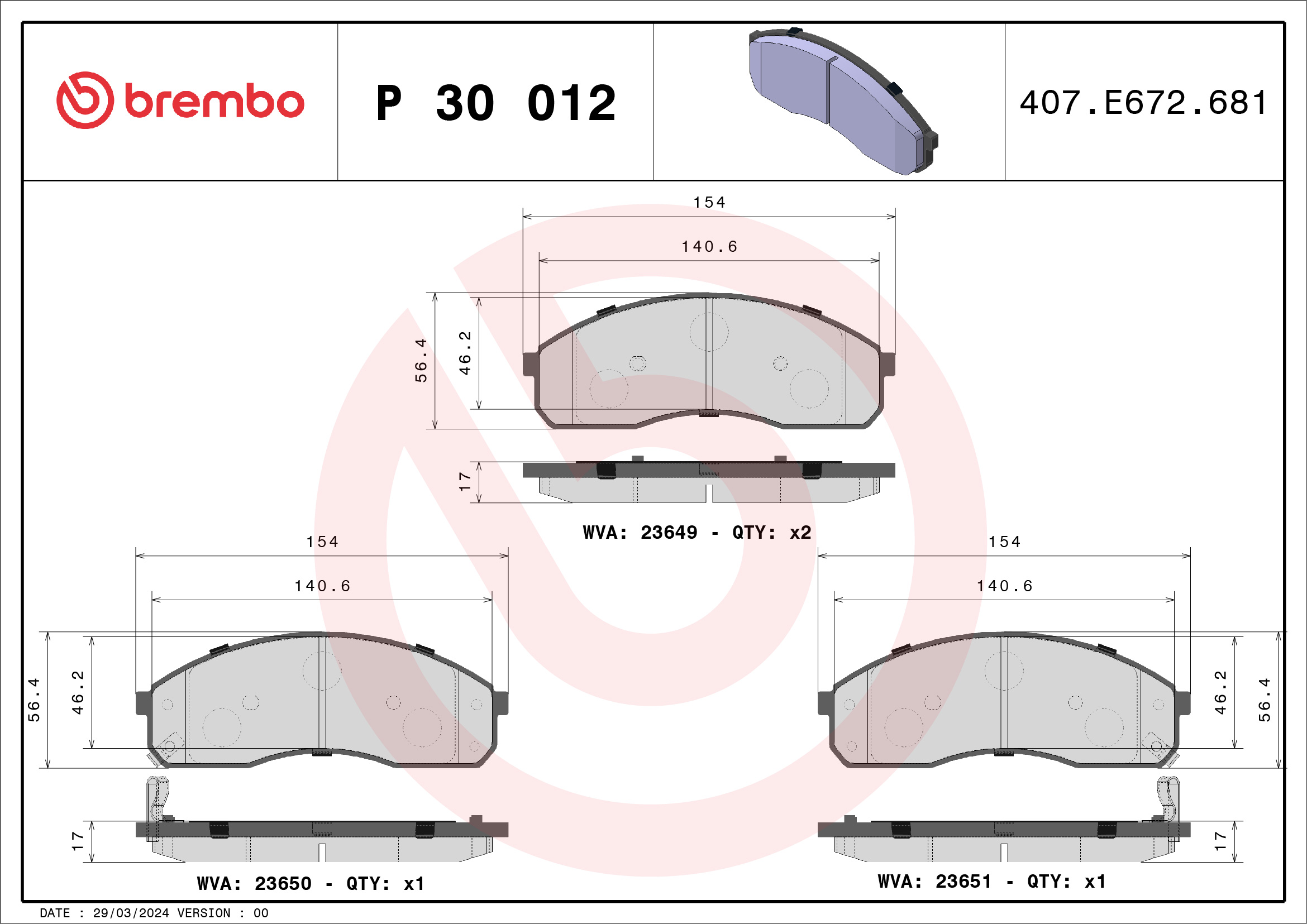 Jeu de 4 plaquettes de frein BREMBO ref. P 30 012