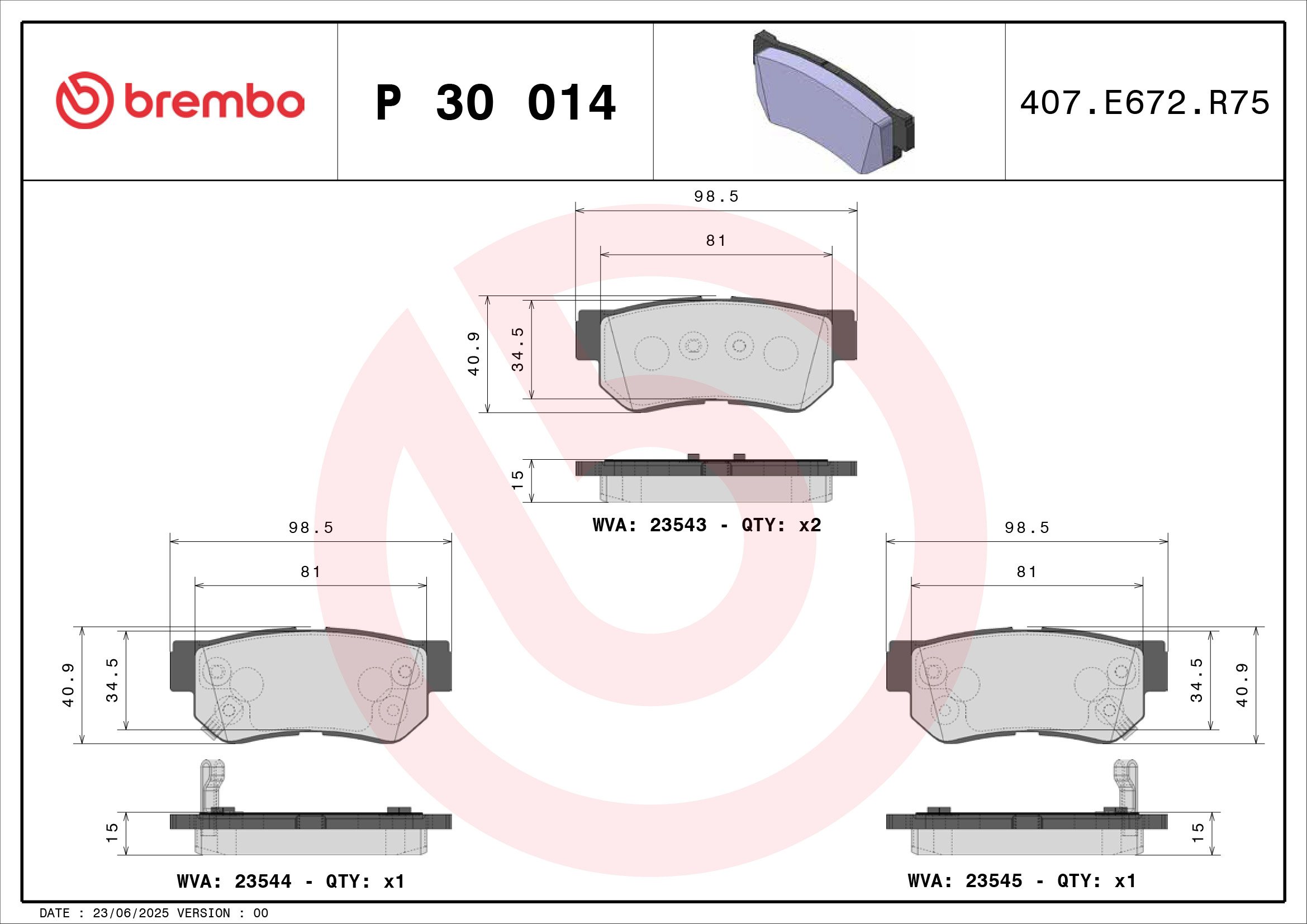 Jogo de 4 pastilhas de travão BREMBO ref. P 30 014