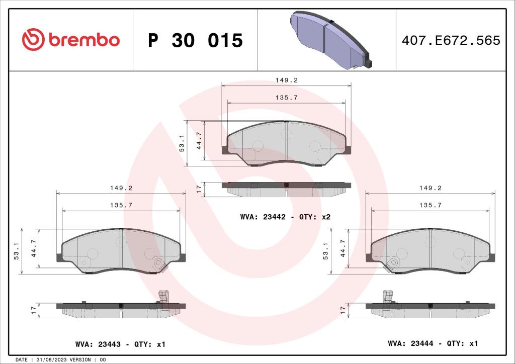 Jogo de 4 pastilhas de travão BREMBO ref. P 30 015