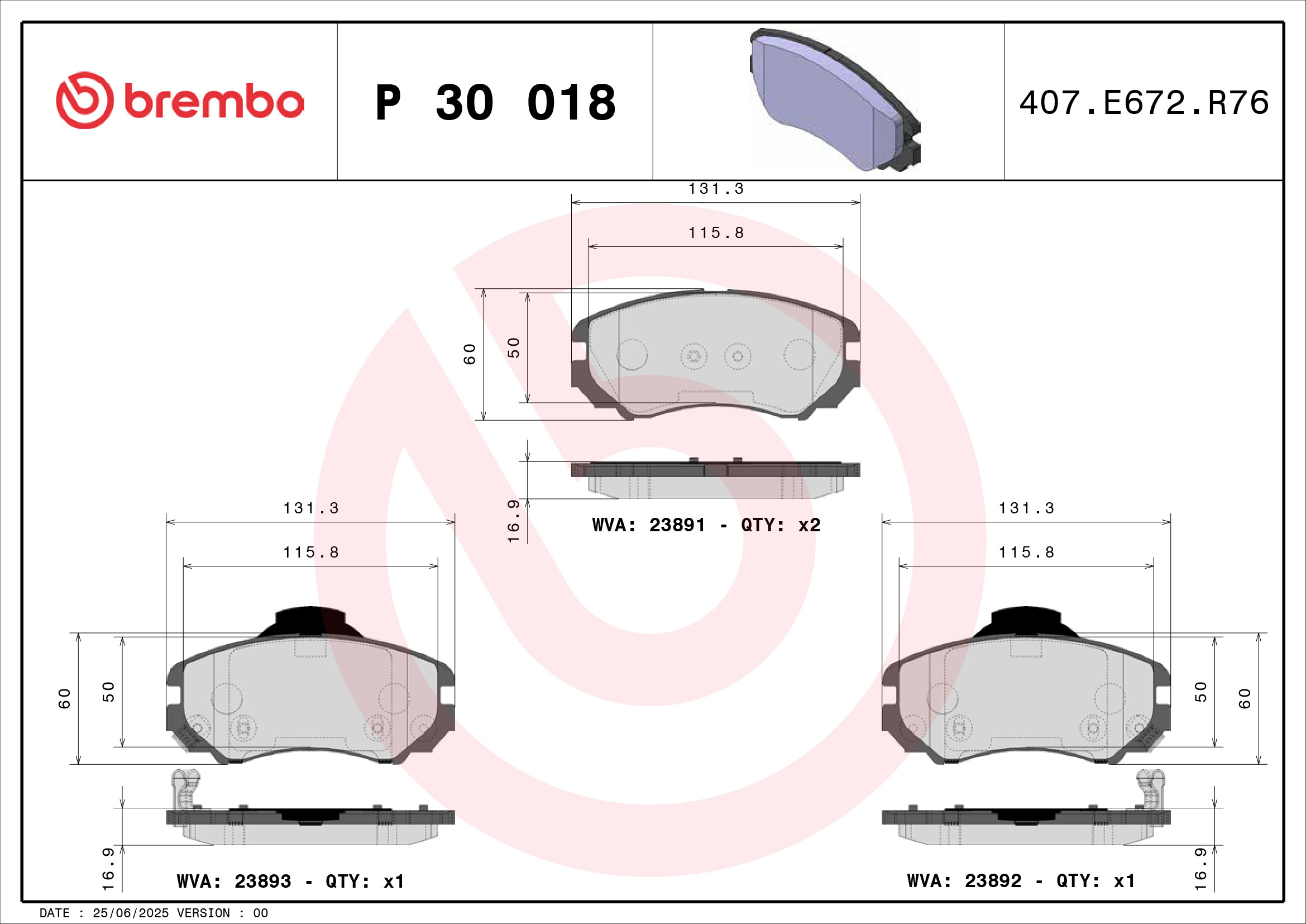 Jogo de 4 pastilhas de travão BREMBO ref. P 30 018