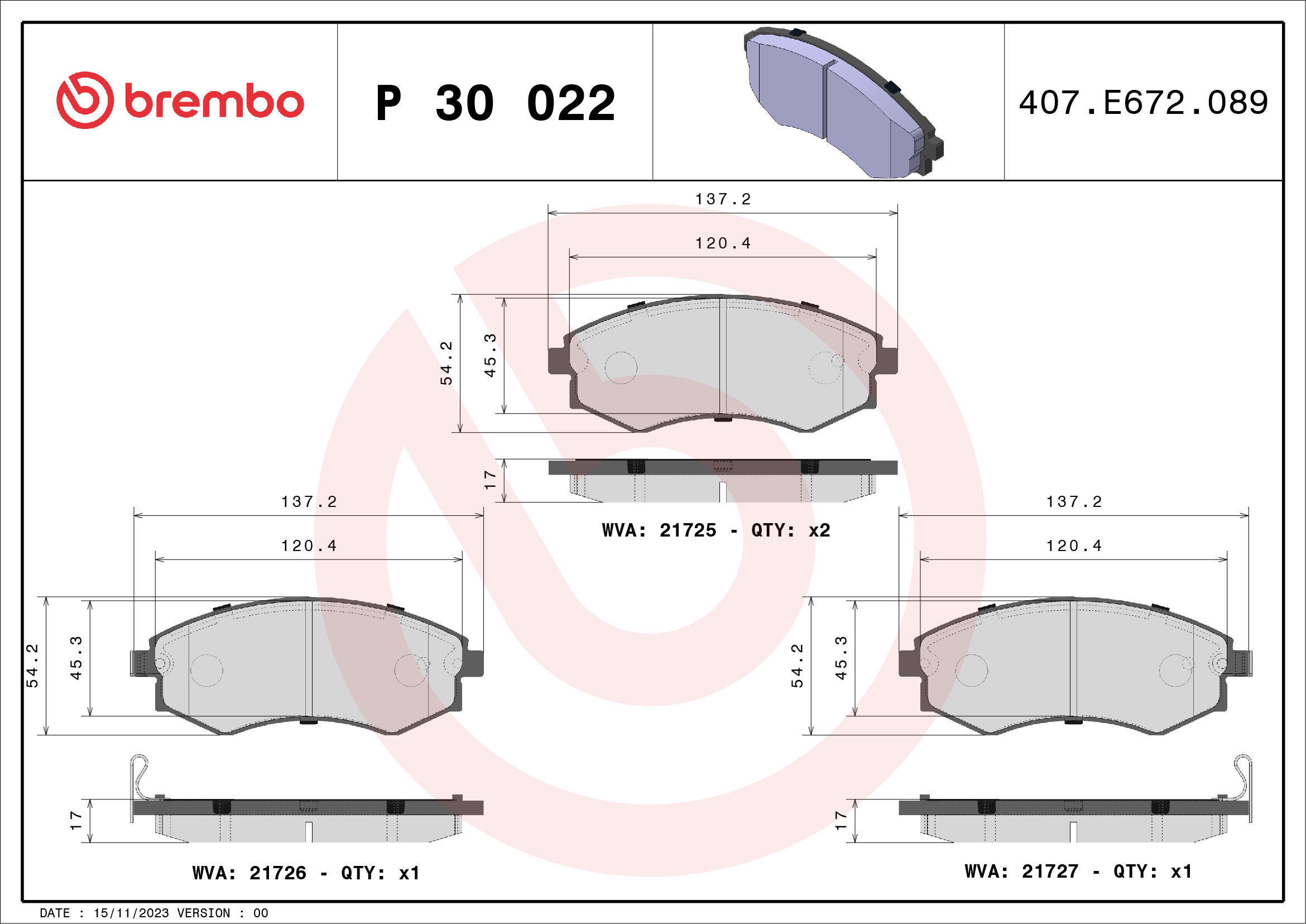 Jogo de 4 pastilhas de travão BREMBO ref. P 30 022