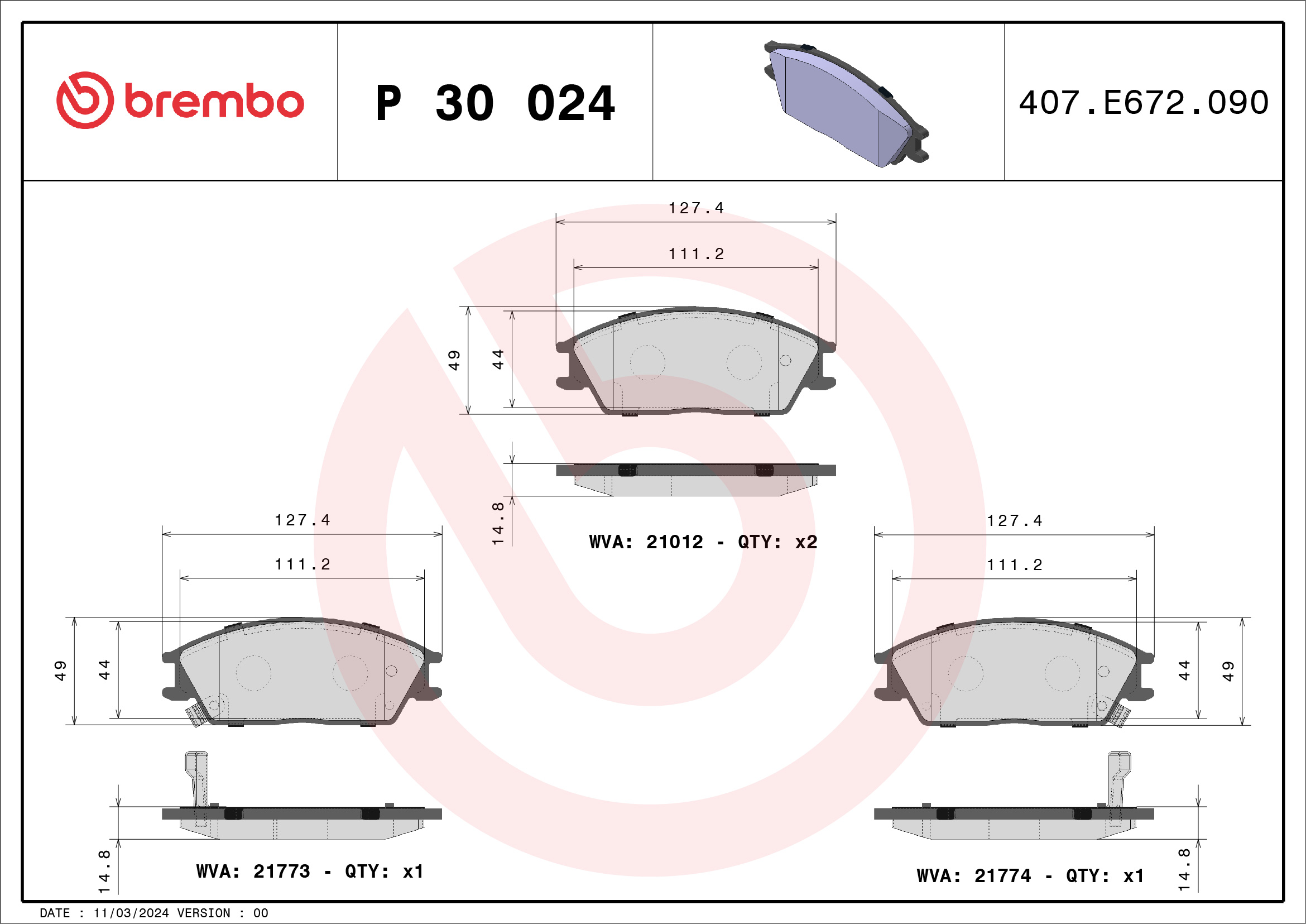 Jeu de 4 plaquettes de frein BREMBO ref. P 30 024