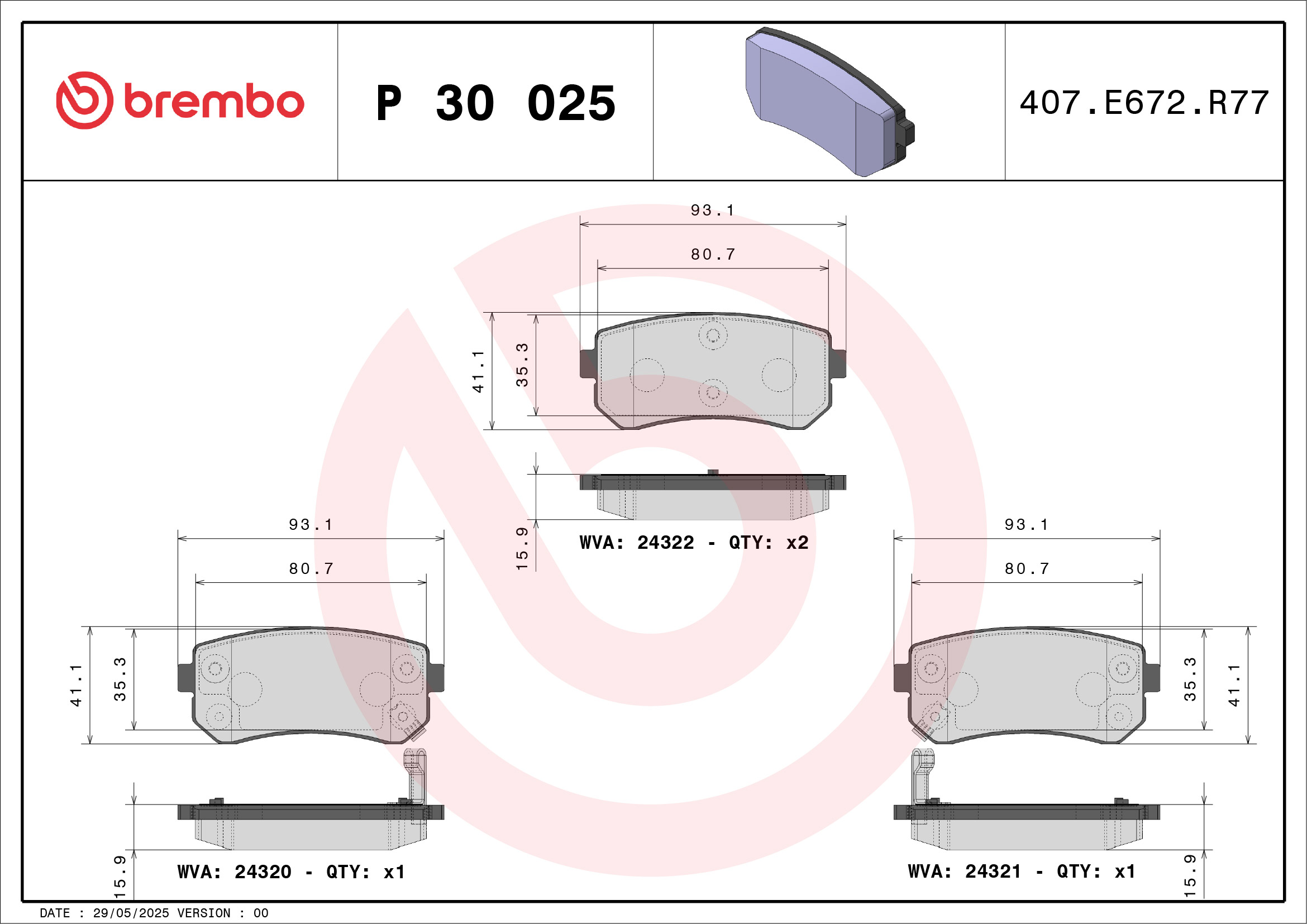 Jogo de 4 pastilhas de travão BREMBO ref. P 30 025