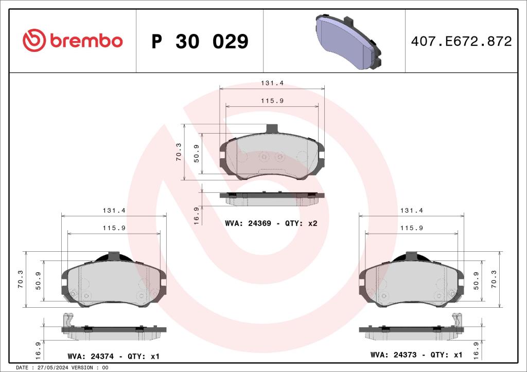 Jogo de 4 pastilhas de travão BREMBO ref. P 30 029