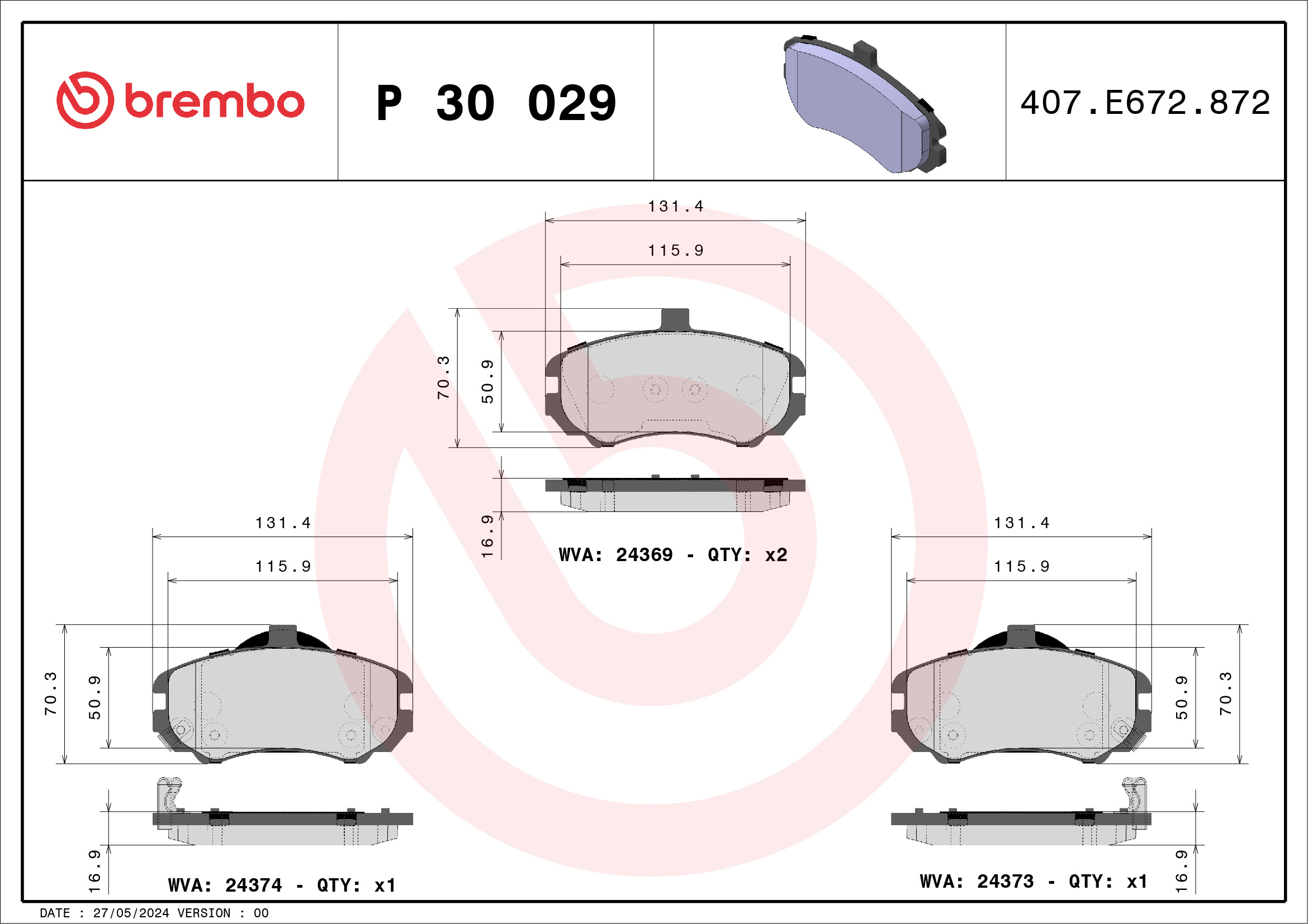 Jogo de 4 pastilhas de travão BREMBO ref. P 30 029