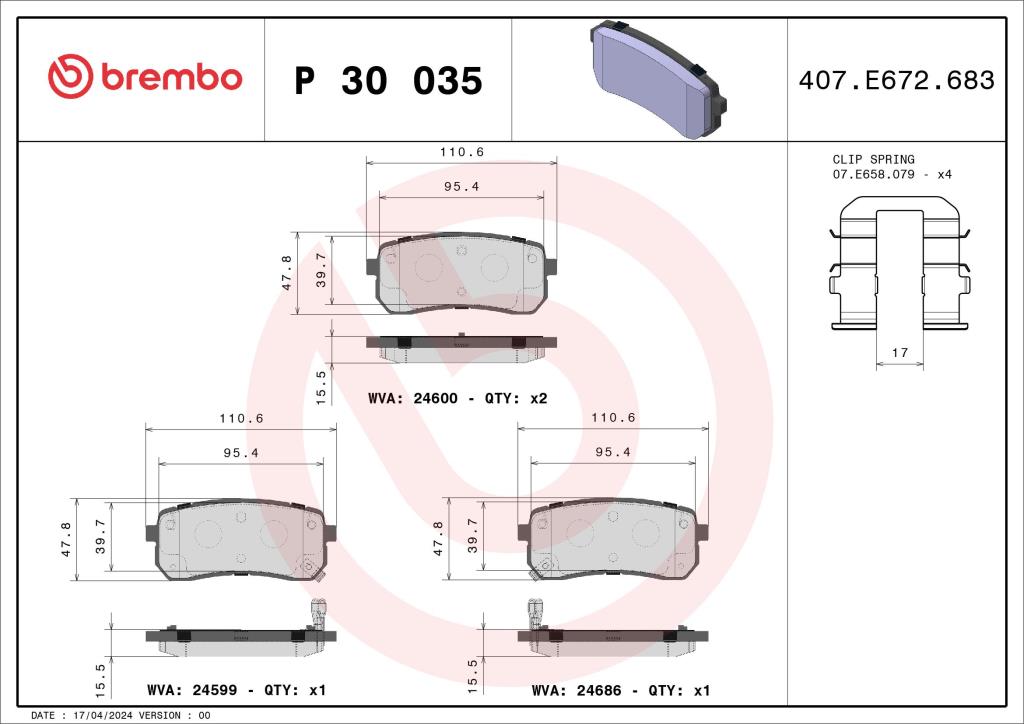Jeu de 4 plaquettes de frein BREMBO ref. P 30 035