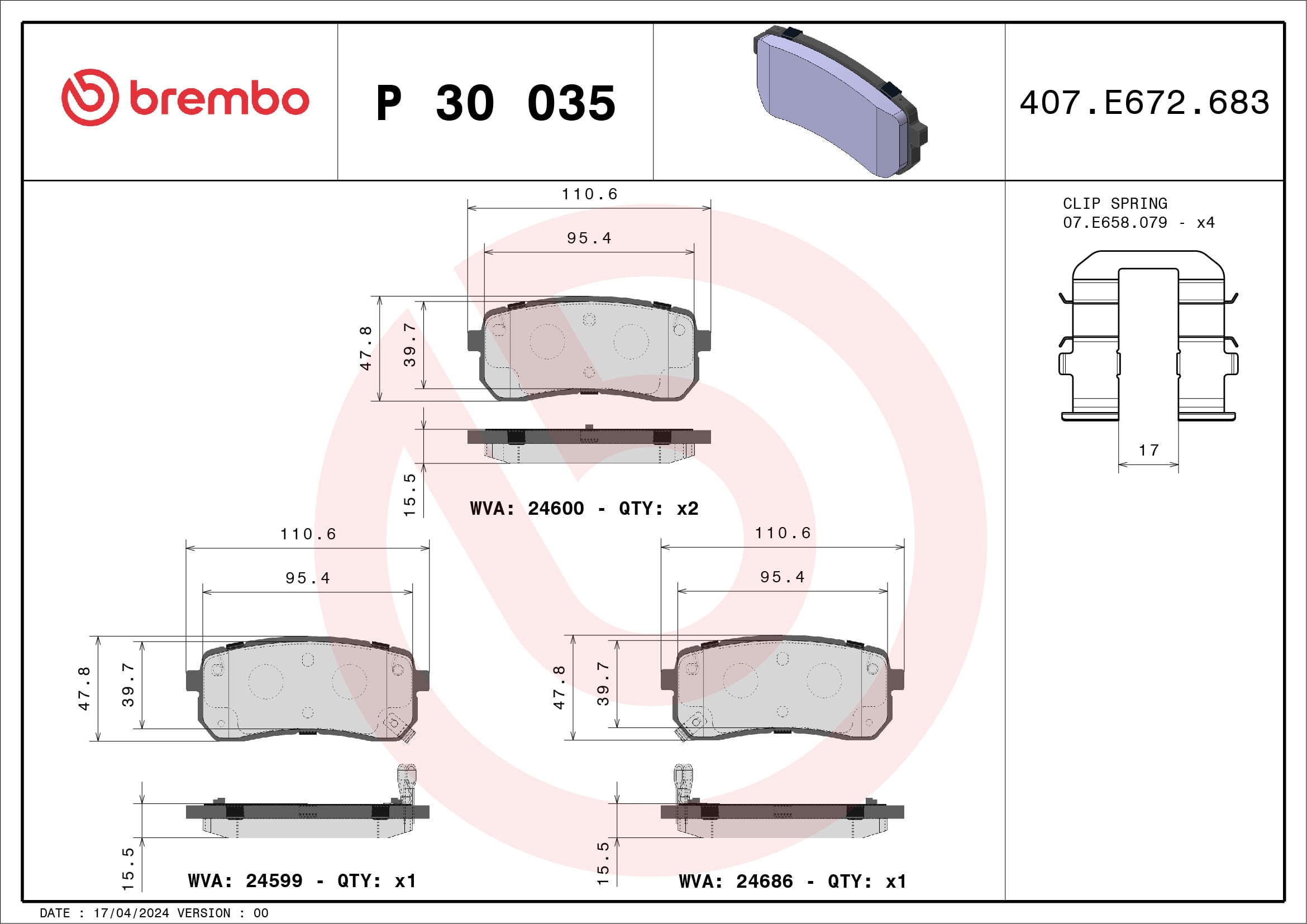 Jeu de 4 plaquettes de frein BREMBO ref. P 30 035