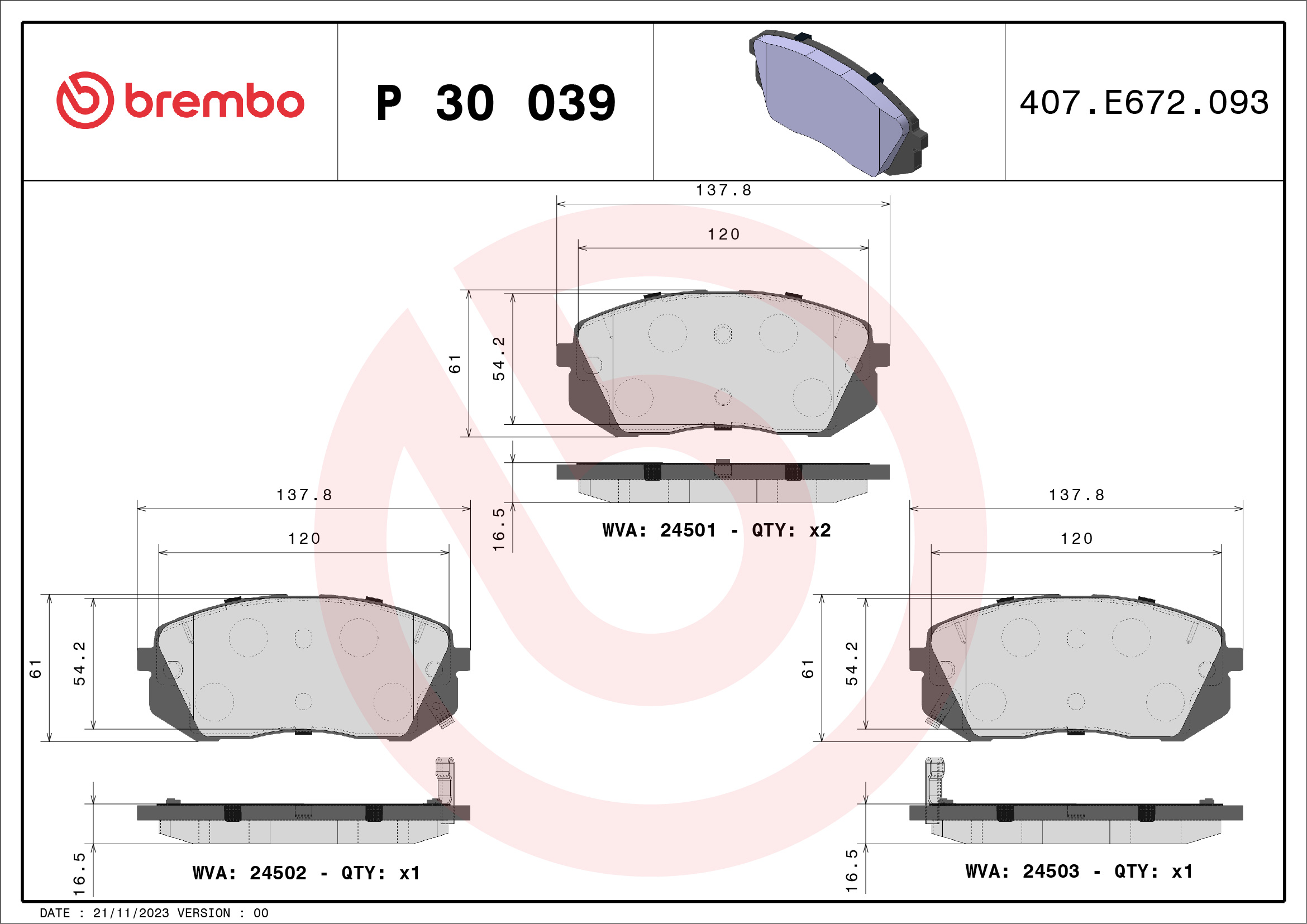 Jogo de 4 pastilhas de travão BREMBO ref. P 30 039