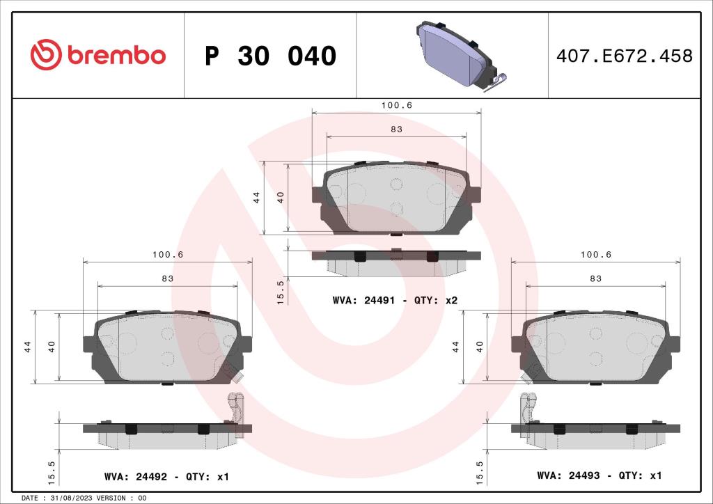 Jogo de 4 pastilhas de travão BREMBO ref. P 30 040