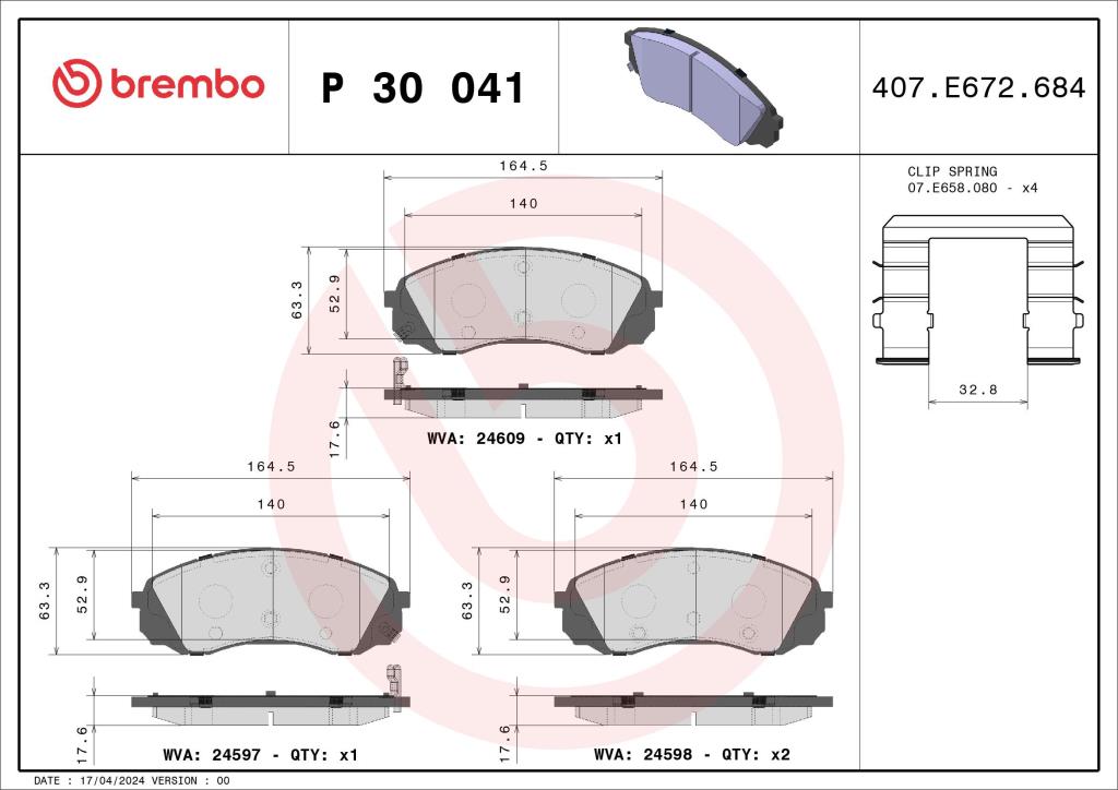 Jogo de 4 pastilhas de travão BREMBO ref. P 30 041