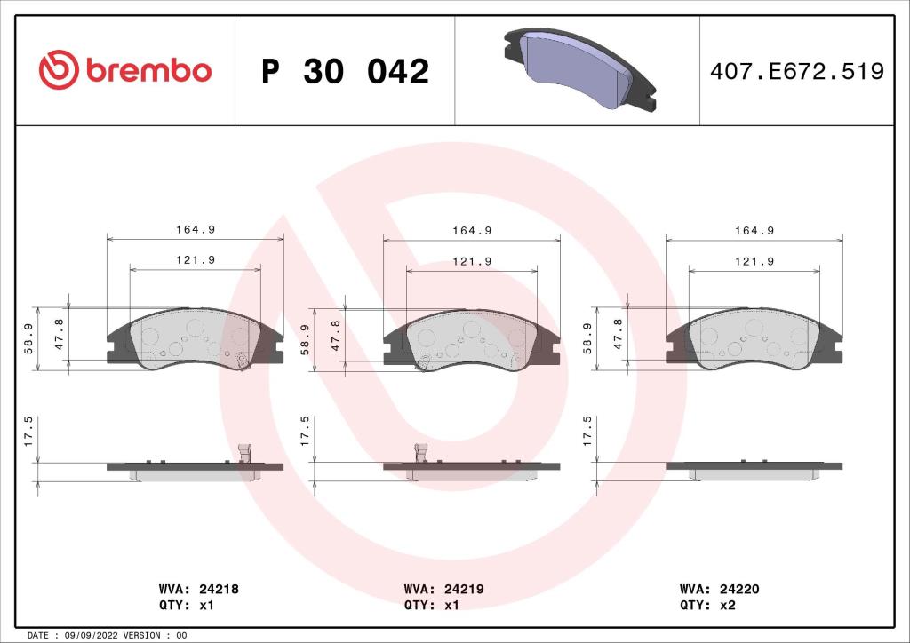 Jeu de 4 plaquettes de frein BREMBO ref. P 30 042