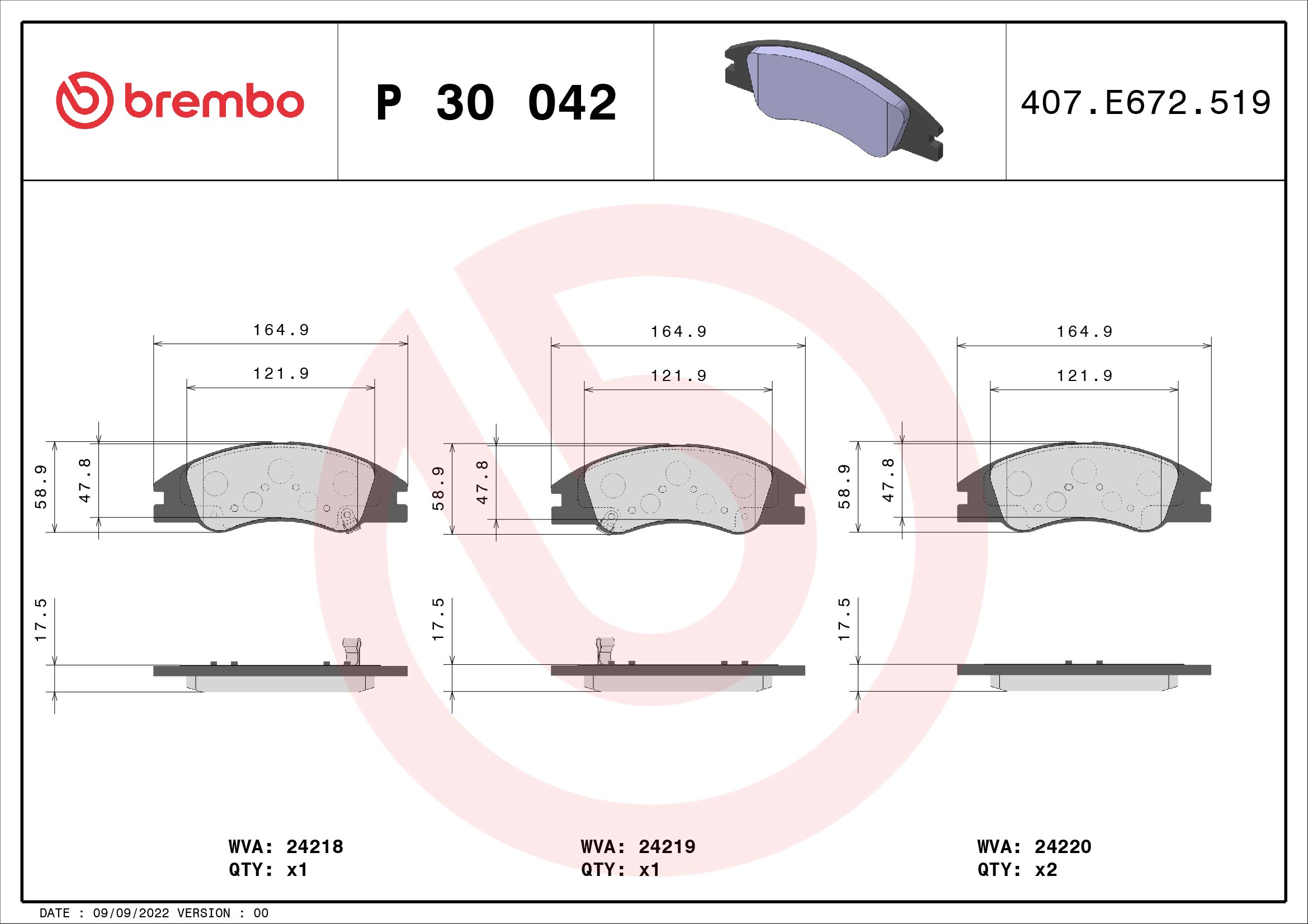 Jeu de 4 plaquettes de frein BREMBO ref. P 30 042