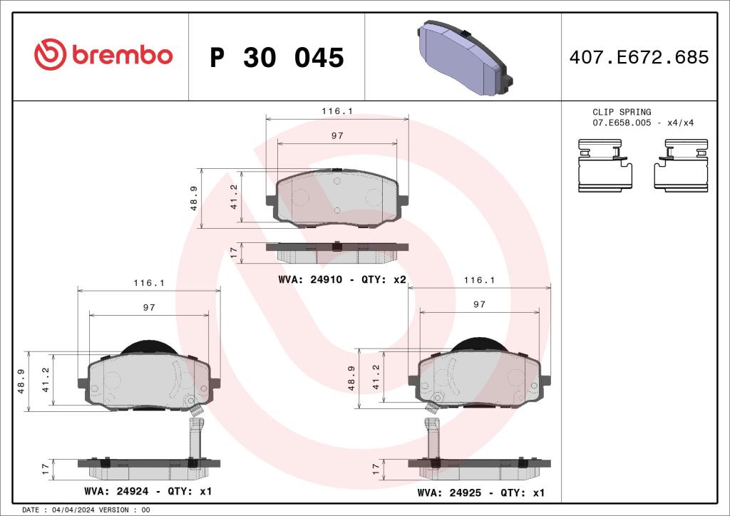 Jogo de 4 pastilhas de travão BREMBO P 30 045