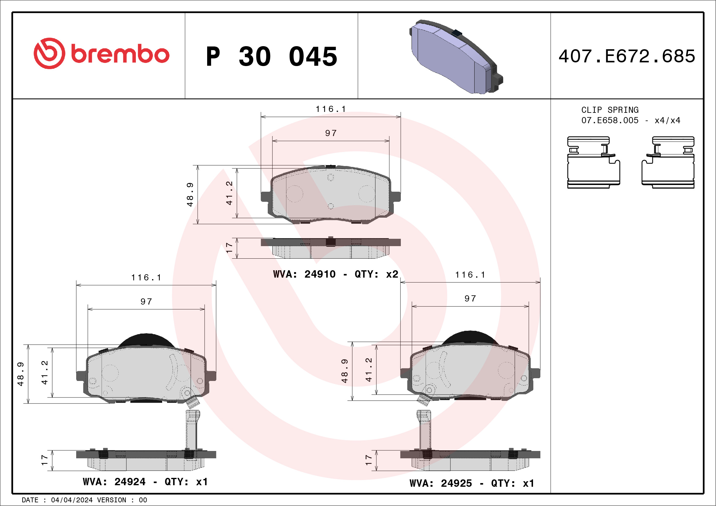 Jogo de 4 pastilhas de travão BREMBO P 30 045