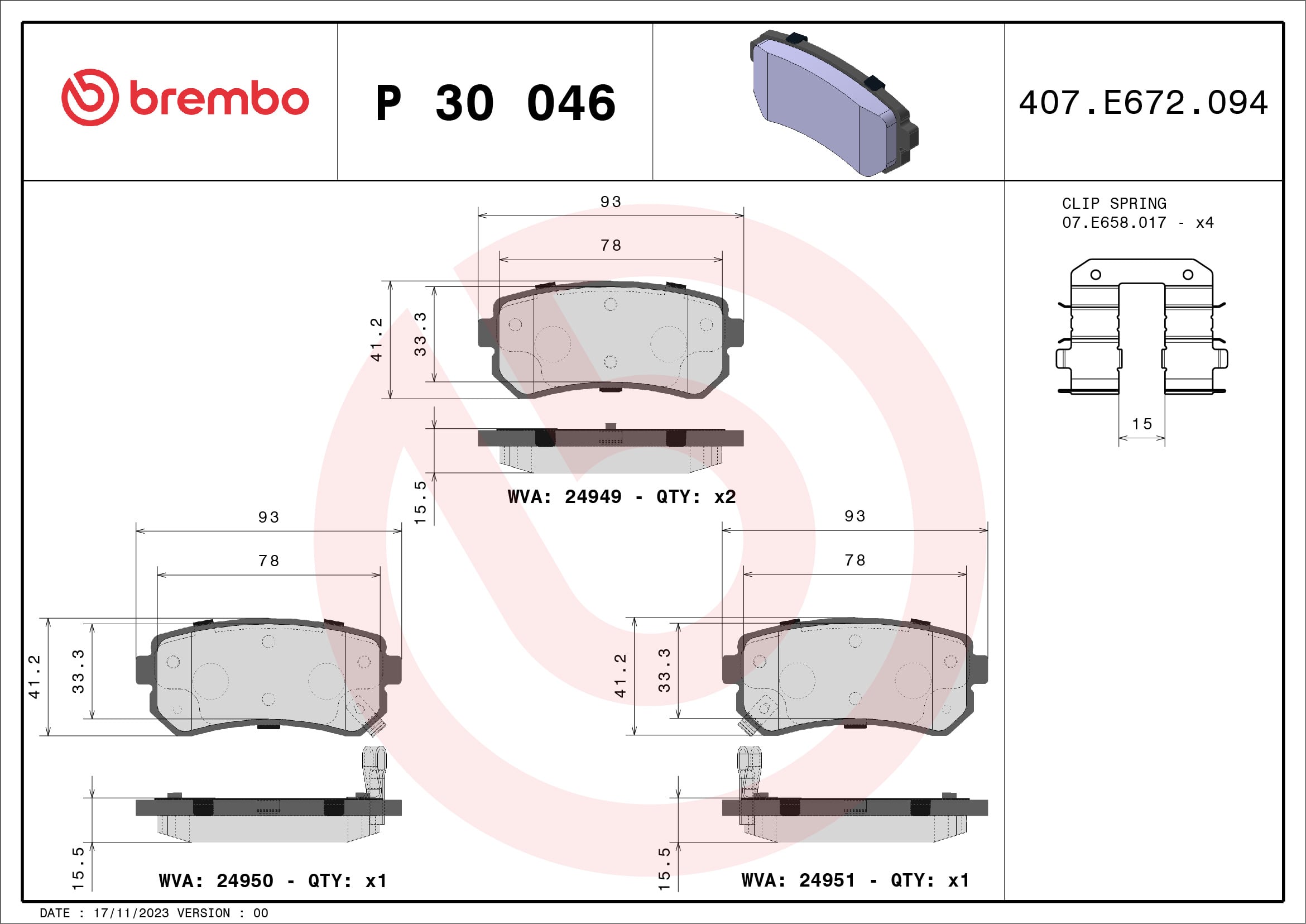 Jeu de 4 plaquettes de frein BREMBO ref. P 30 046