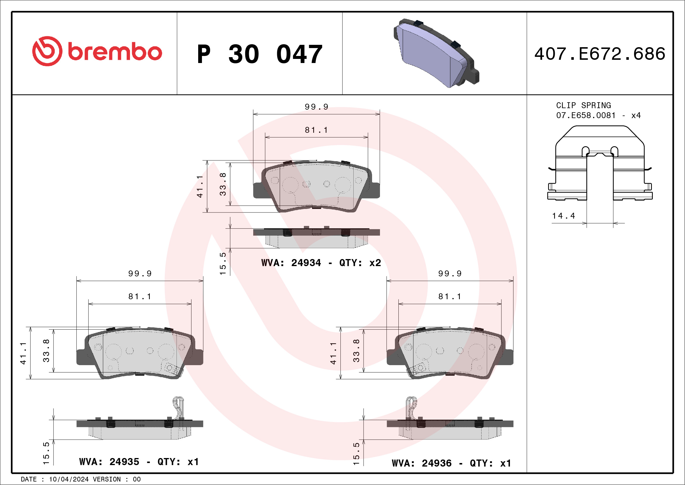 Jeu de 4 plaquettes de frein BREMBO ref. P 30 047