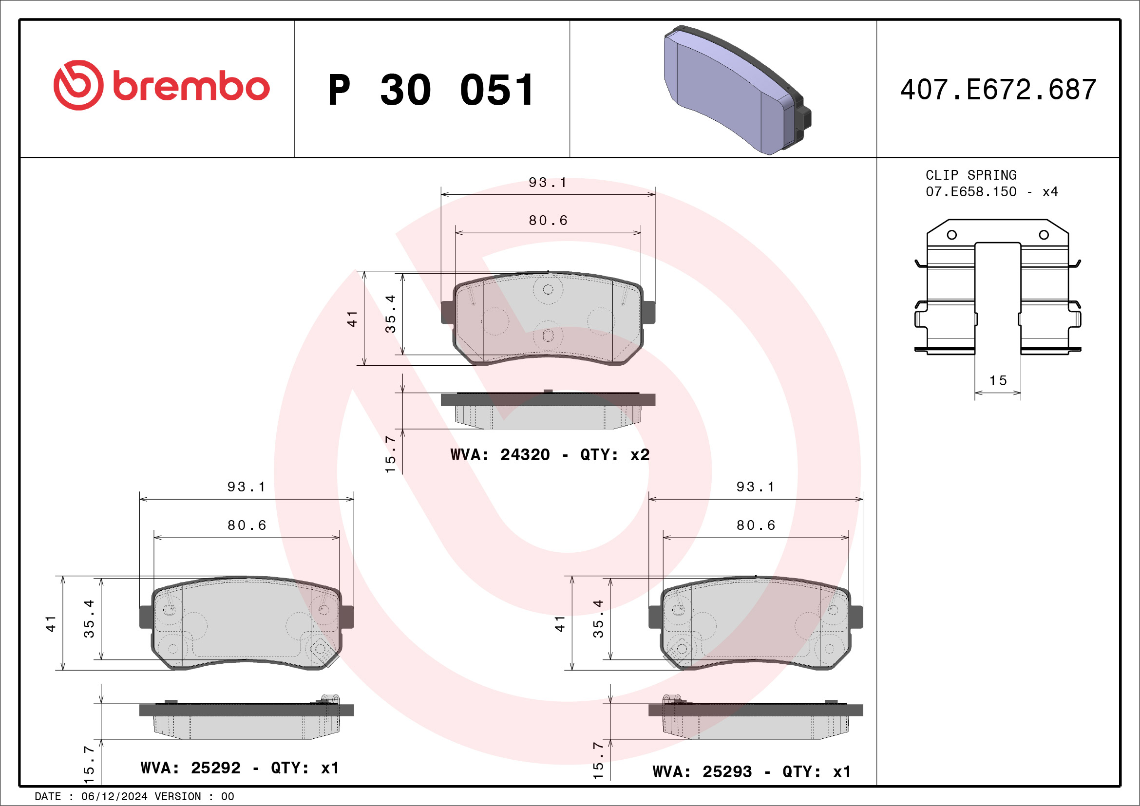 Jogo de 4 pastilhas de travão BREMBO ref. P 30 051