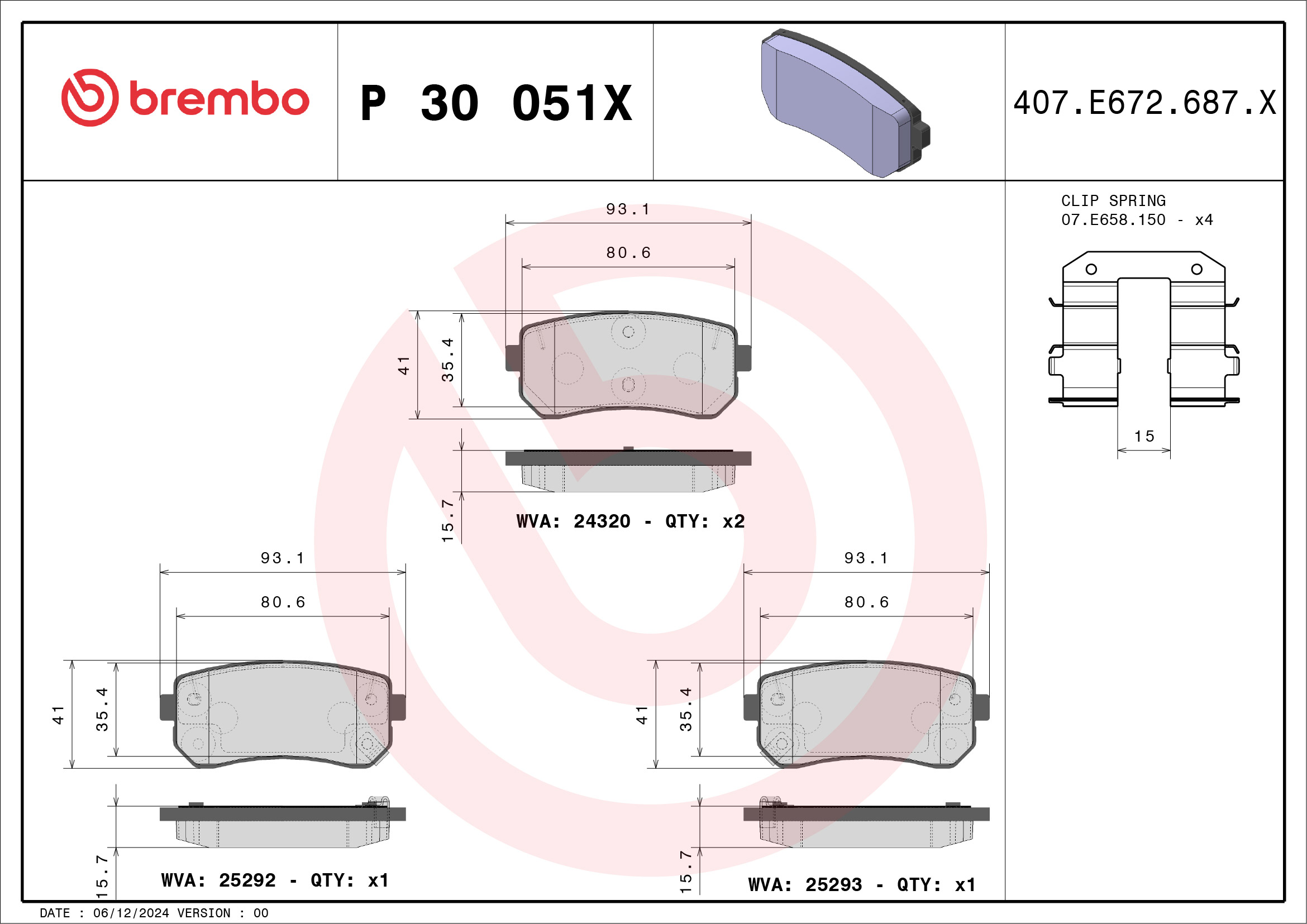 Jeu de 4 plaquettes de frein BREMBO ref. P 30 051X