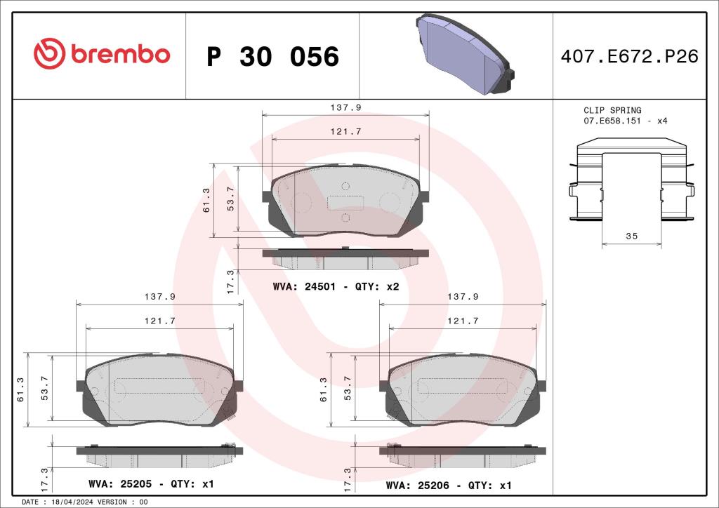 Jogo de 4 pastilhas de travão BREMBO ref. P 30 056