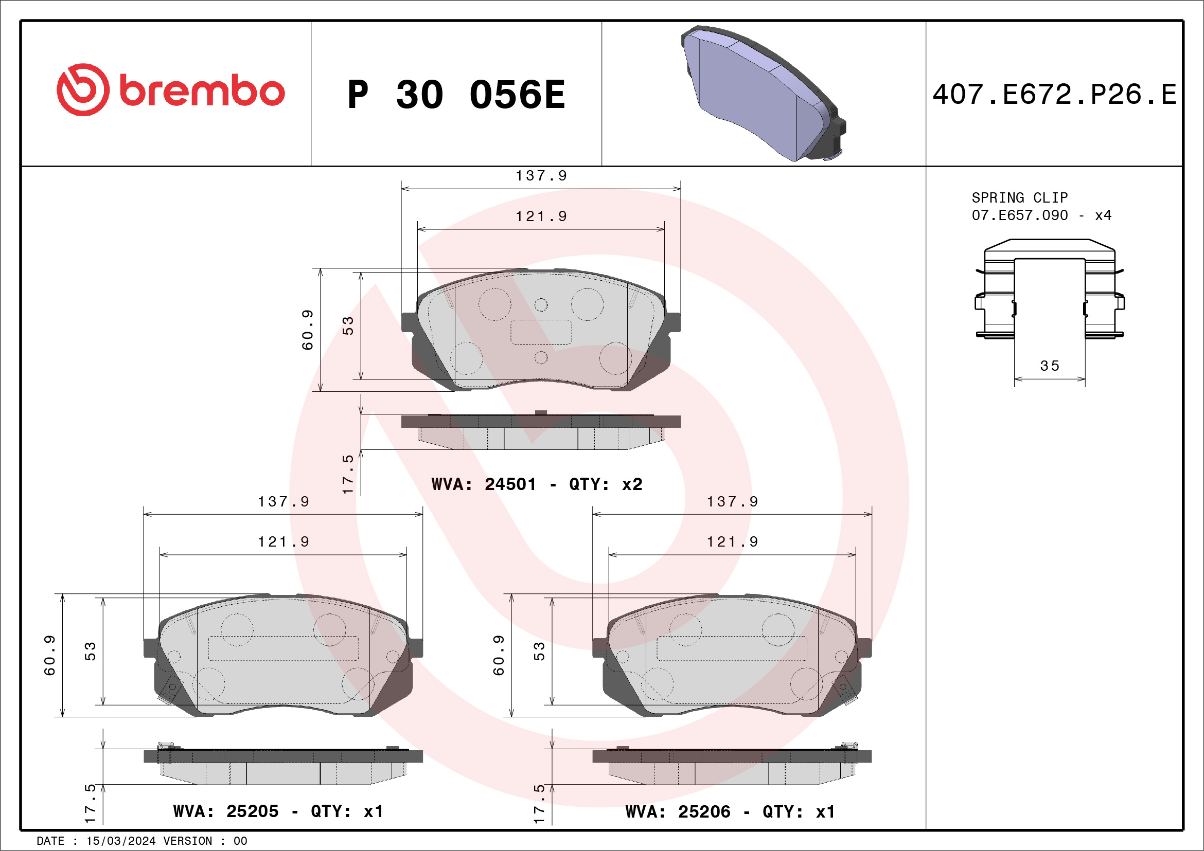 Jogo de 4 pastilhas de travão BREMBO ref. P 30 056E