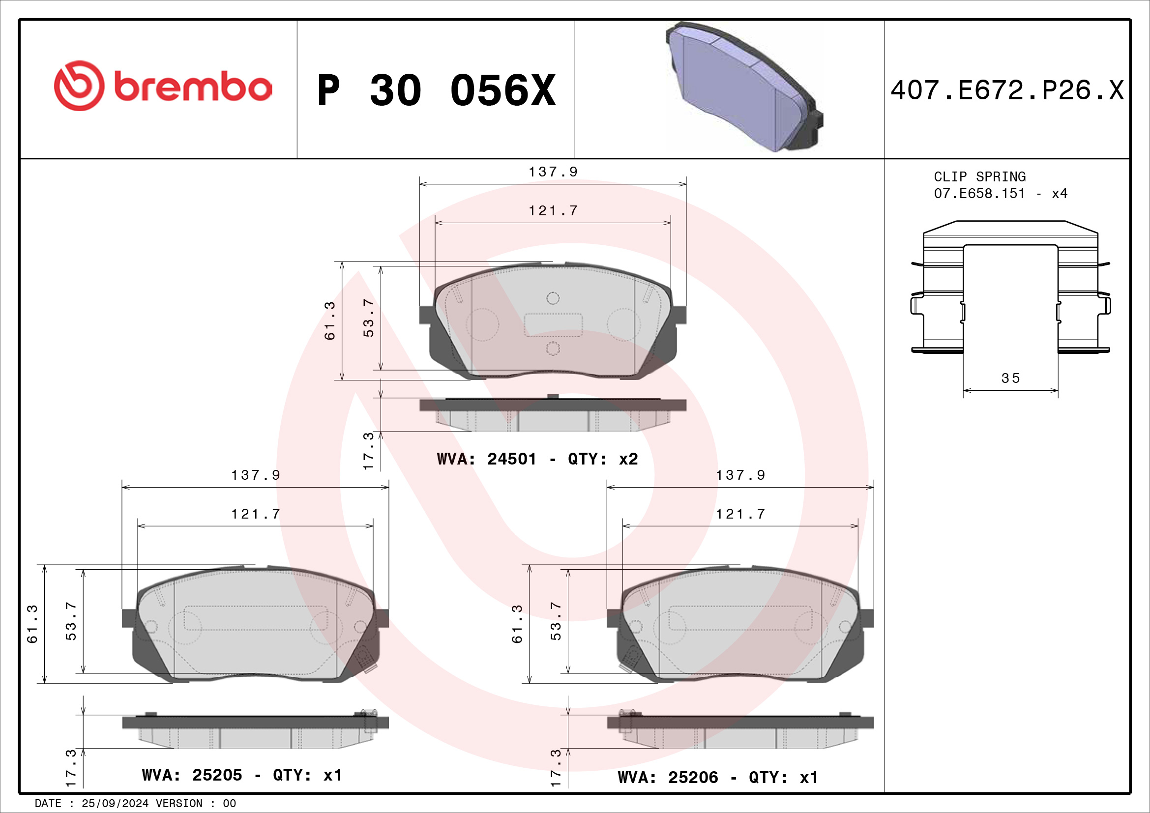 Jeu de 4 plaquettes de frein BREMBO ref. P 30 056X