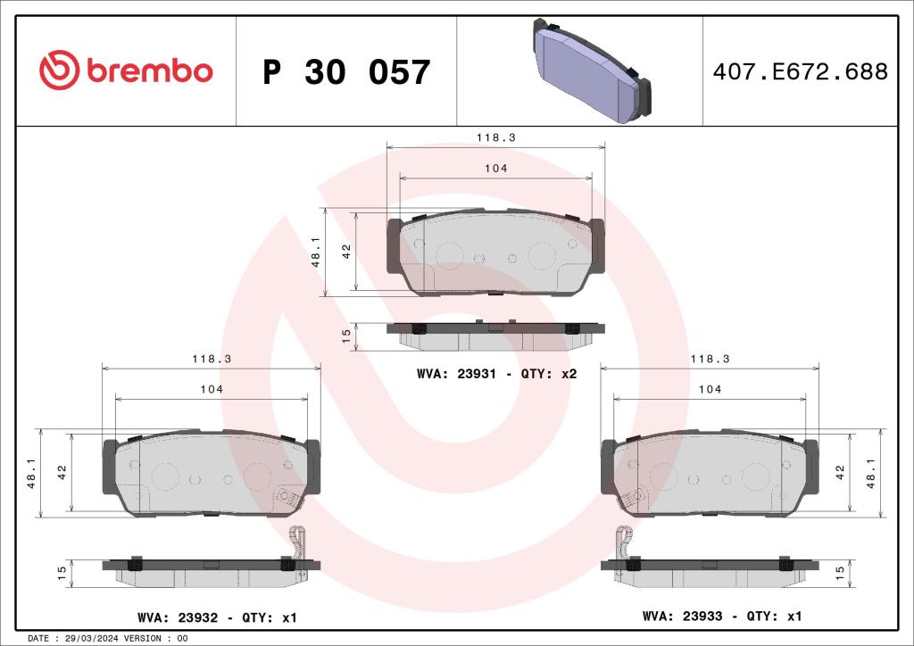 Jogo de 4 pastilhas de travão BREMBO ref. P 30 057
