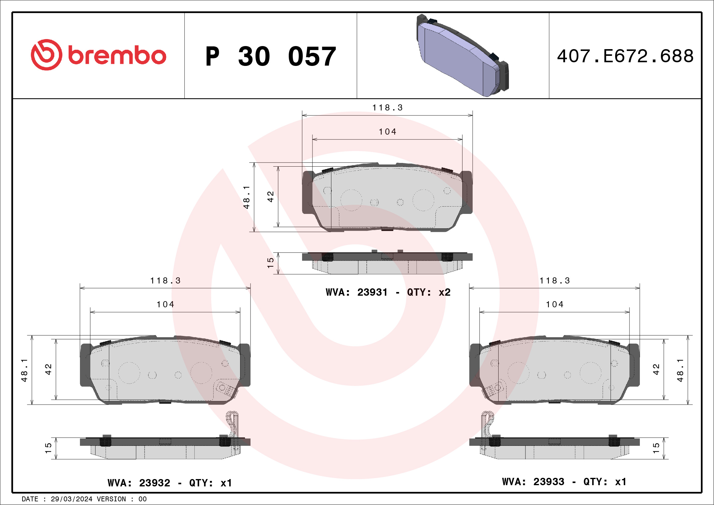 Jogo de 4 pastilhas de travão BREMBO ref. P 30 057