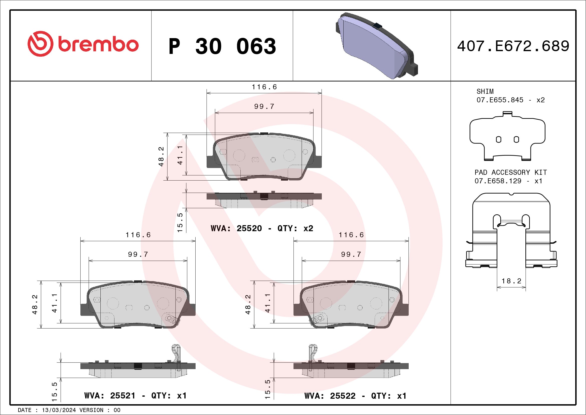Jogo de 4 pastilhas de travão BREMBO ref. P 30 063