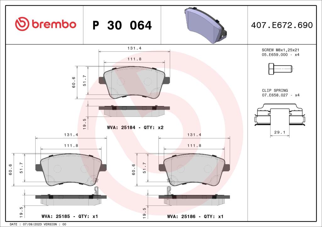 Jogo de 4 pastilhas de travão BREMBO ref. P 30 064