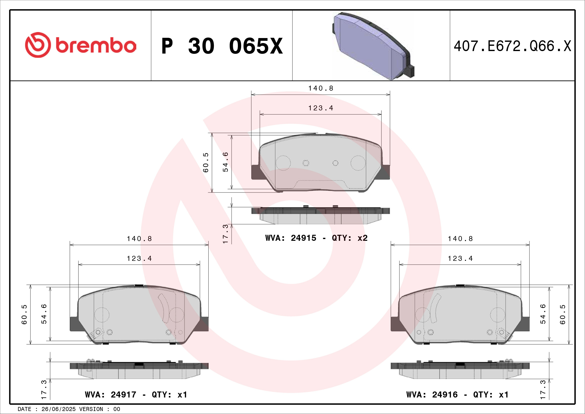 Jogo de 4 pastilhas de travão BREMBO ref. P 30 065X
