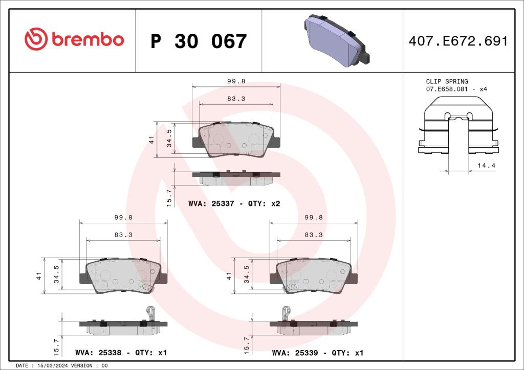 Jeu de 4 plaquettes de frein BREMBO ref. P 30 067