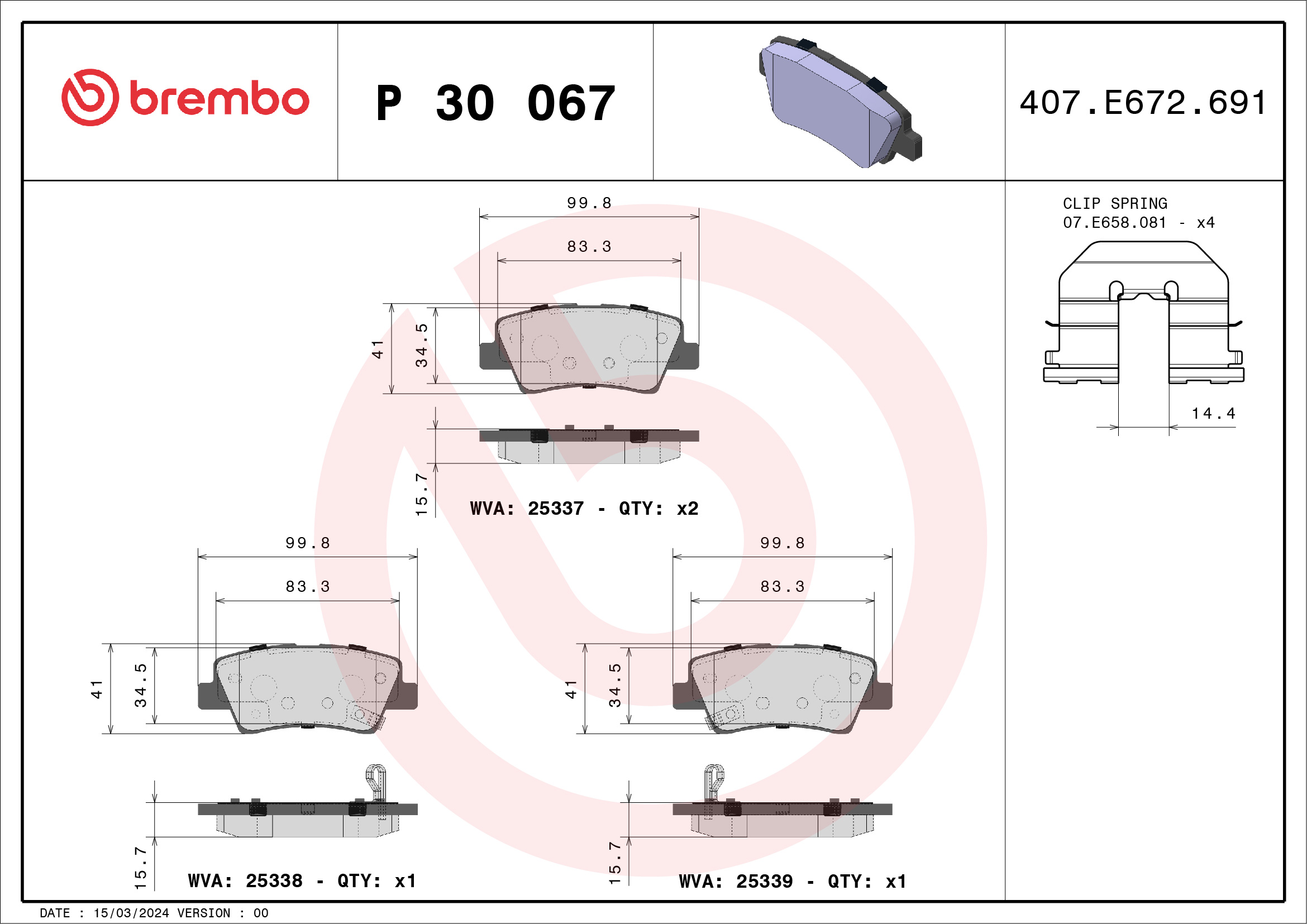 Jeu de 4 plaquettes de frein BREMBO ref. P 30 067