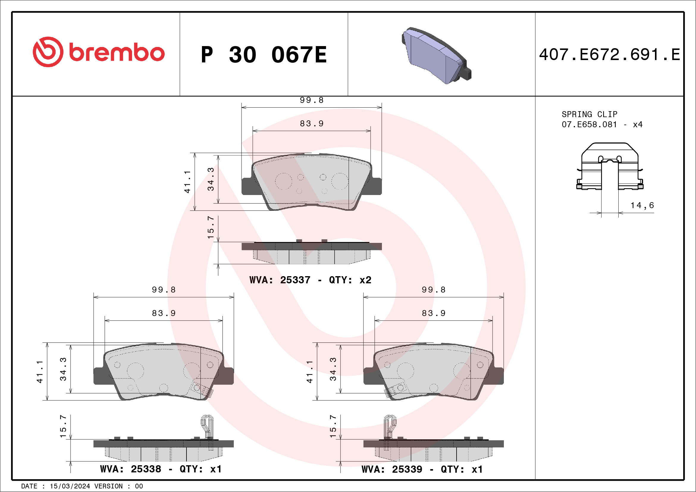 Jogo de 4 pastilhas de travão BREMBO ref. P 30 067E
