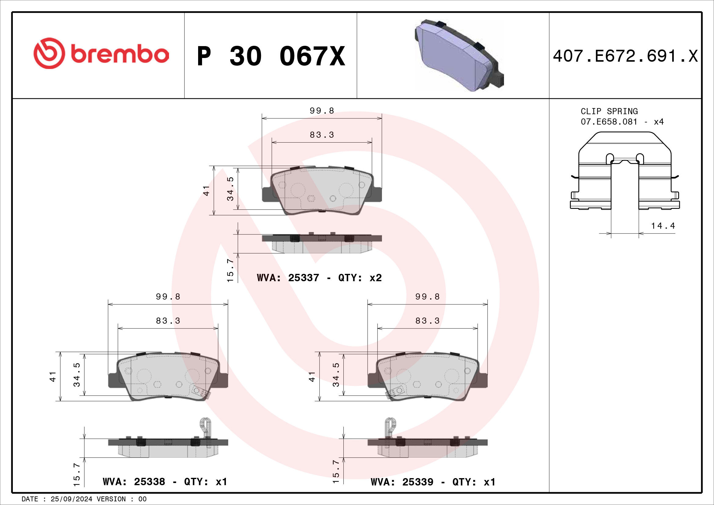 Jeu de 4 plaquettes de frein BREMBO ref. P 30 067X