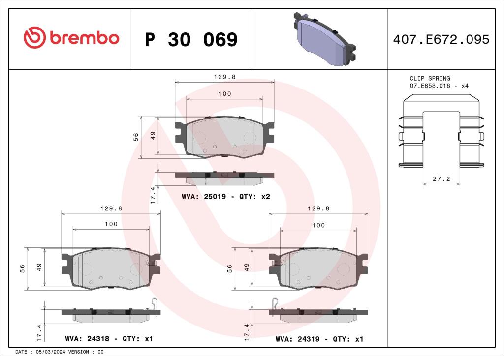 Jogo de 4 pastilhas de travão BREMBO ref. P 30 069