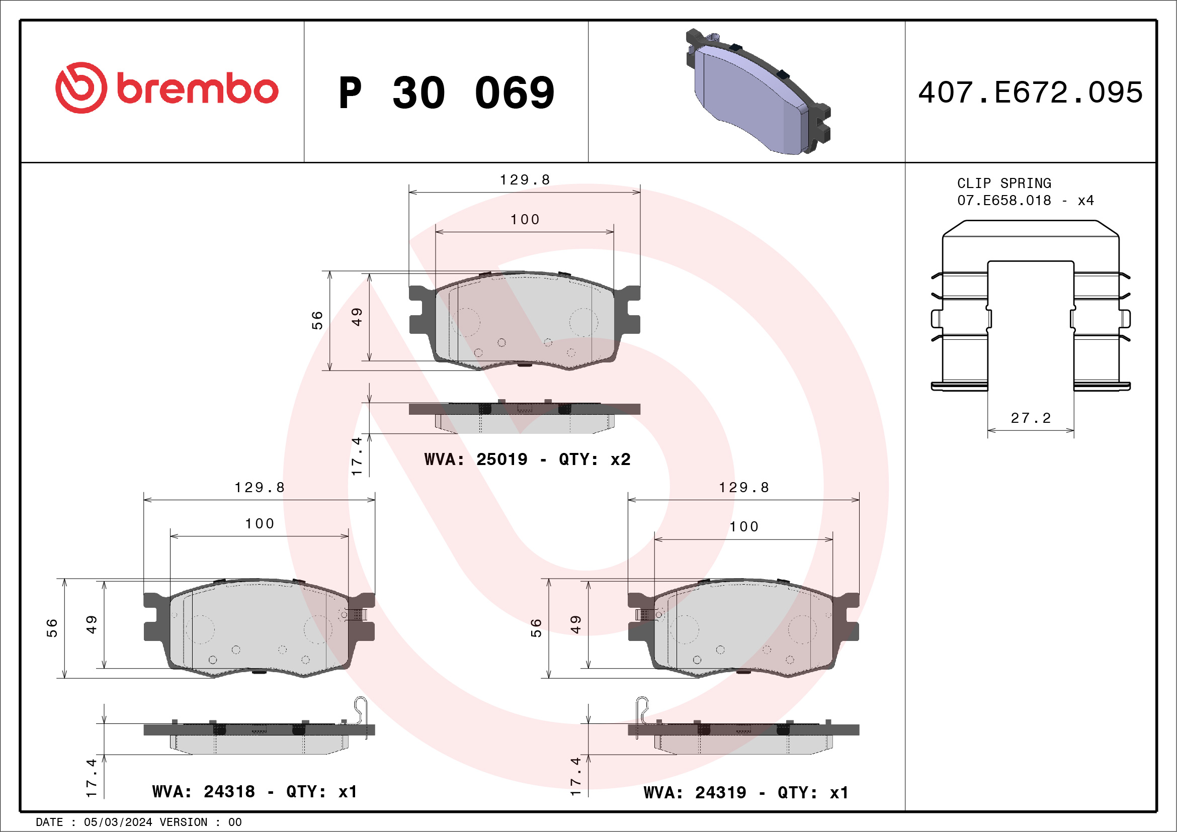 Jogo de 4 pastilhas de travão BREMBO ref. P 30 069