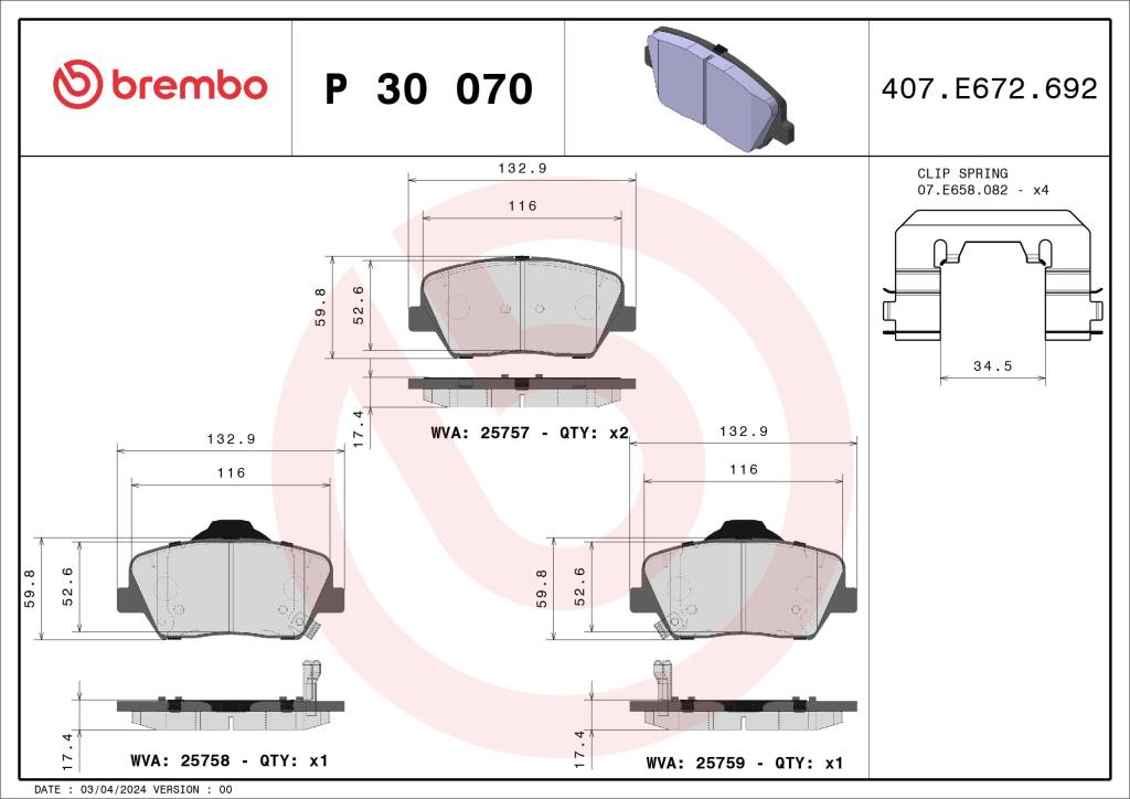 Jeu de 4 plaquettes de frein BREMBO ref. P 30 070