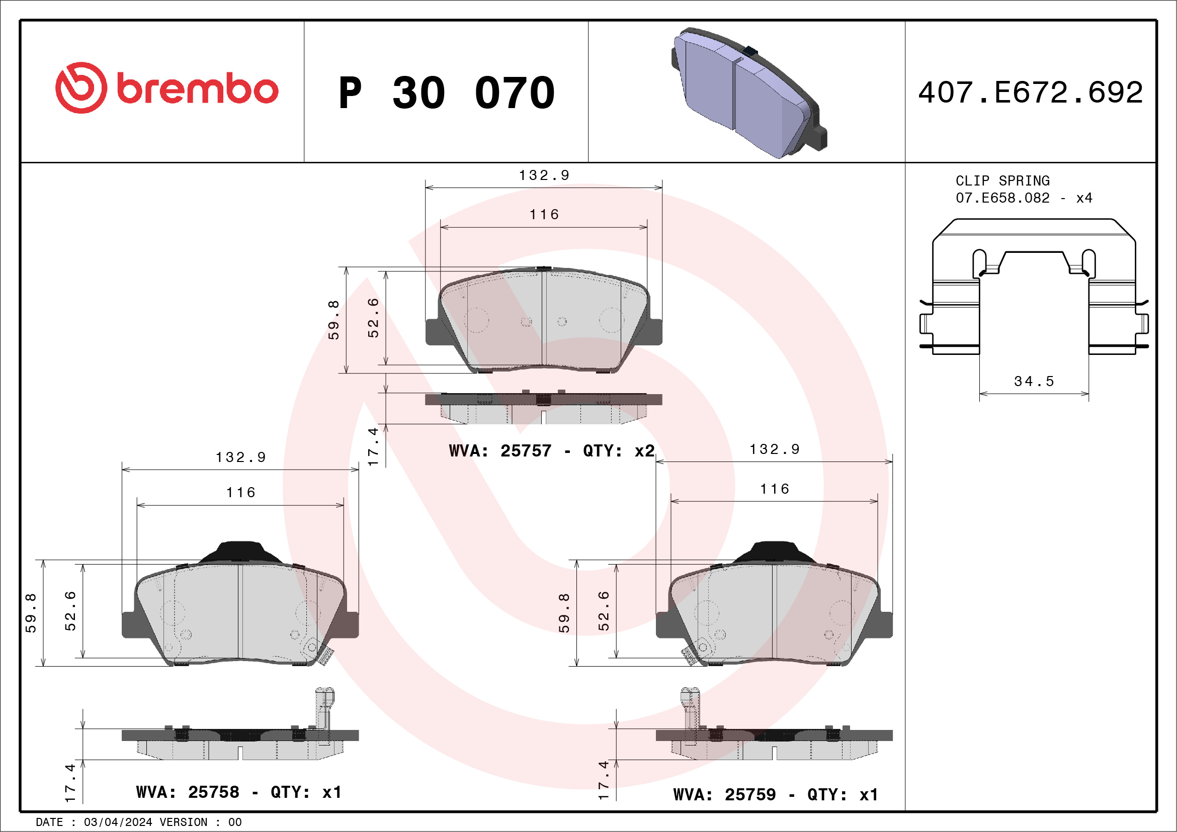 Jeu de 4 plaquettes de frein BREMBO ref. P 30 070