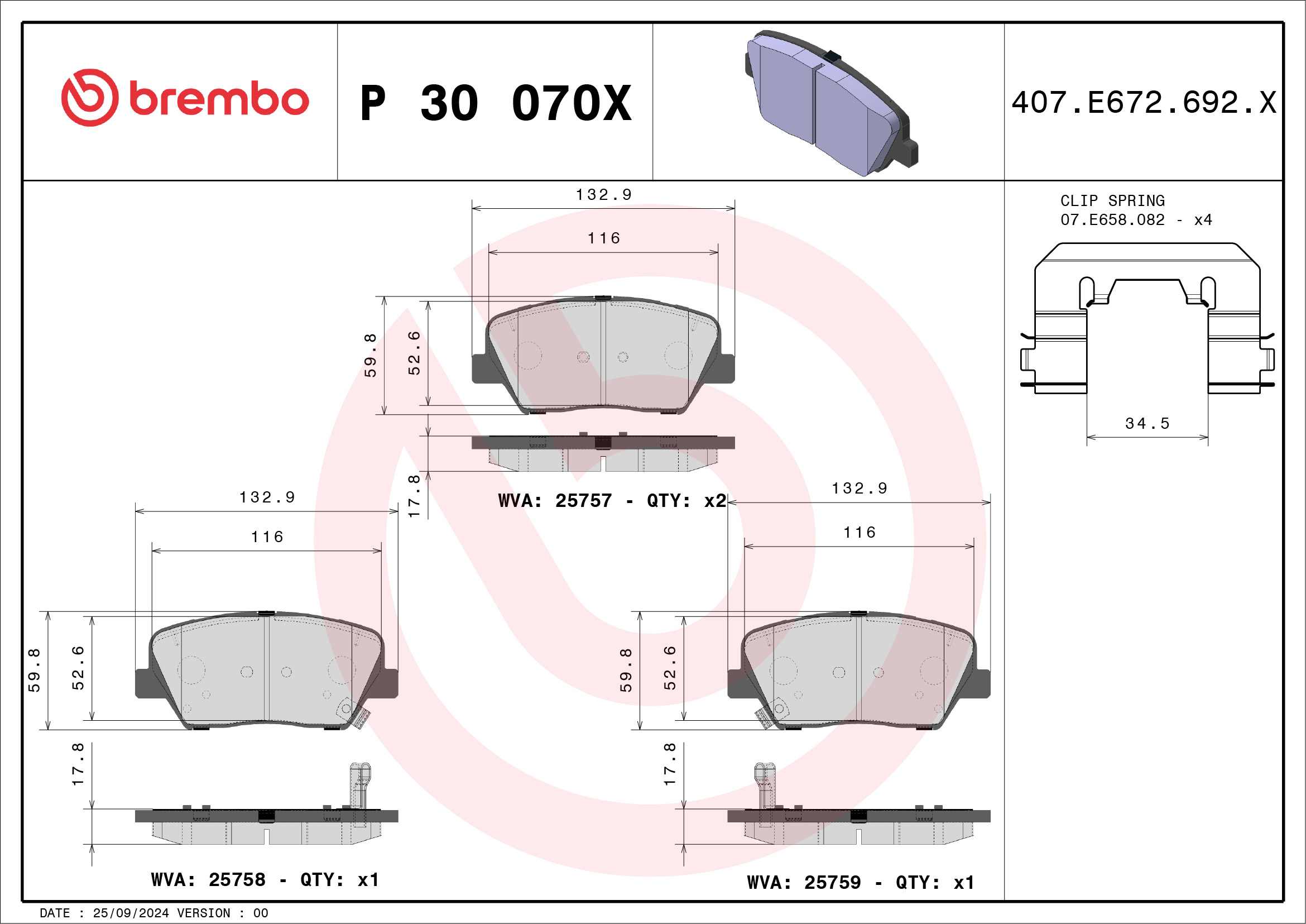 Jogo de 4 pastilhas de travão BREMBO ref. P 30 070X