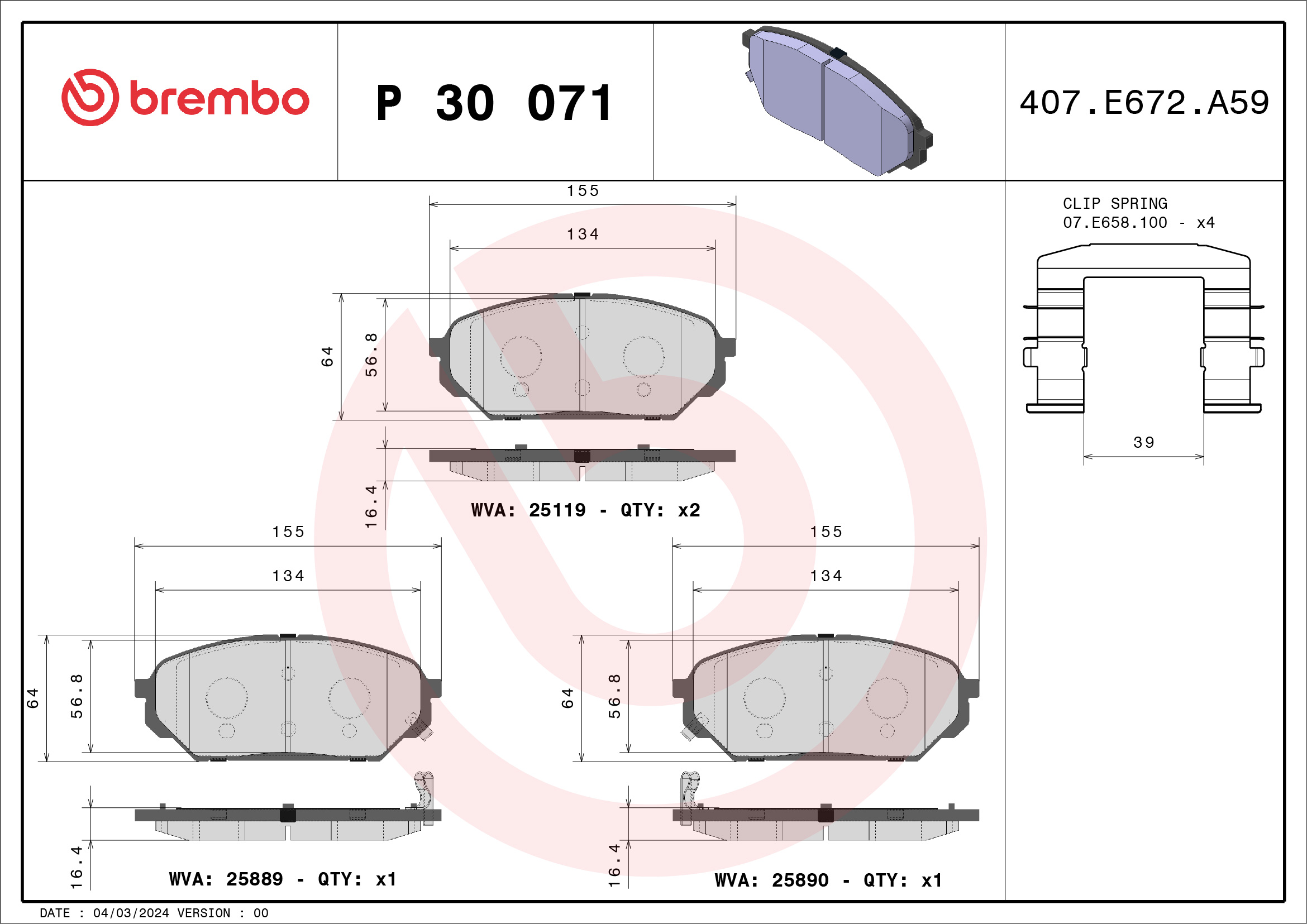 Jogo de 4 pastilhas de travão BREMBO ref. P 30 071