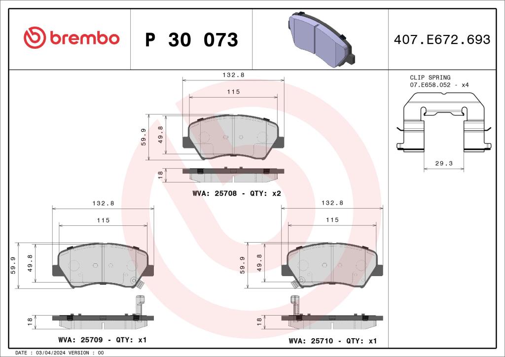 Jogo de 4 pastilhas de travão BREMBO ref. P 30 073