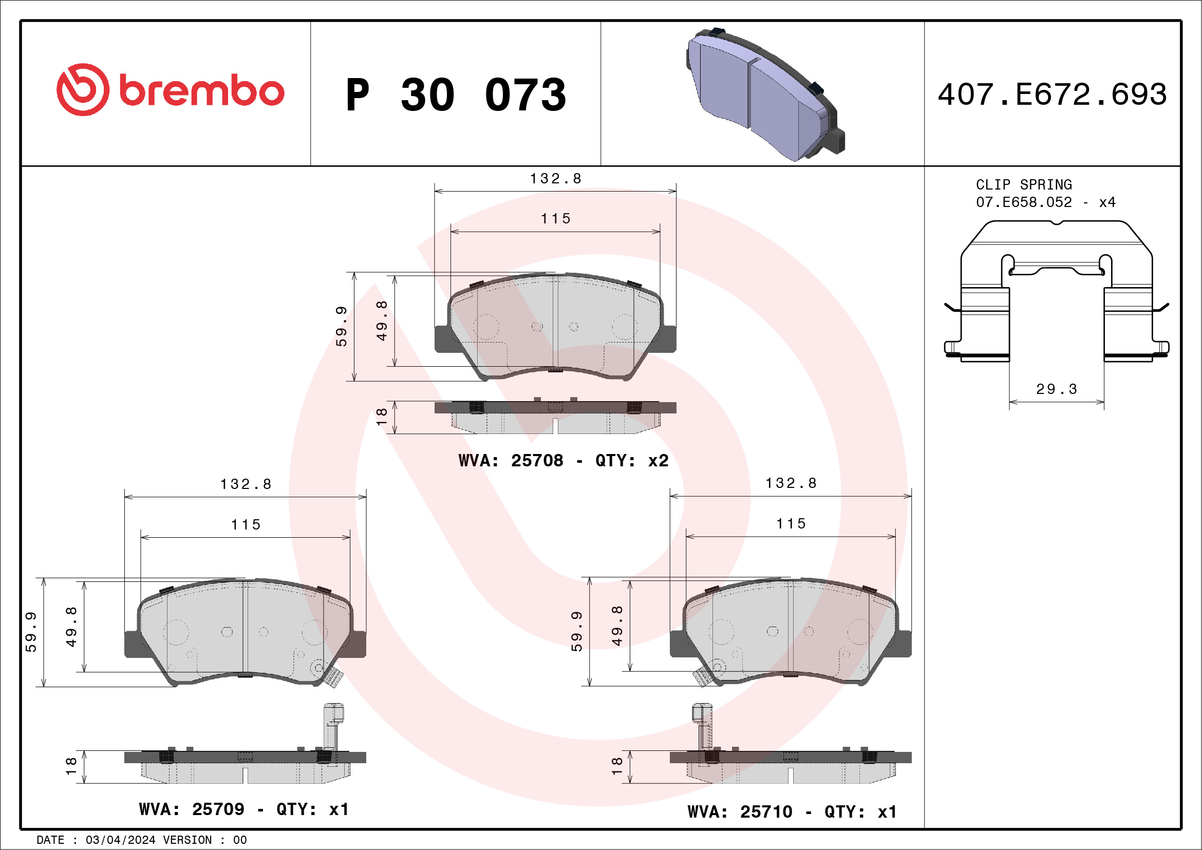 Jogo de 4 pastilhas de travão BREMBO ref. P 30 073