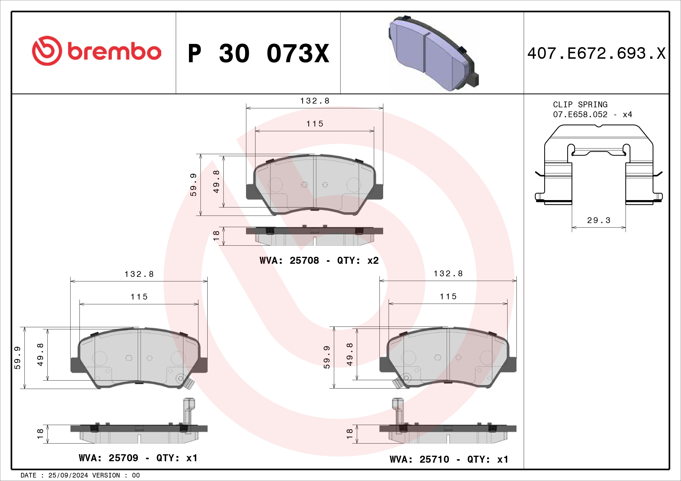 Jogo de 4 pastilhas de travão BREMBO ref. P 30 073X