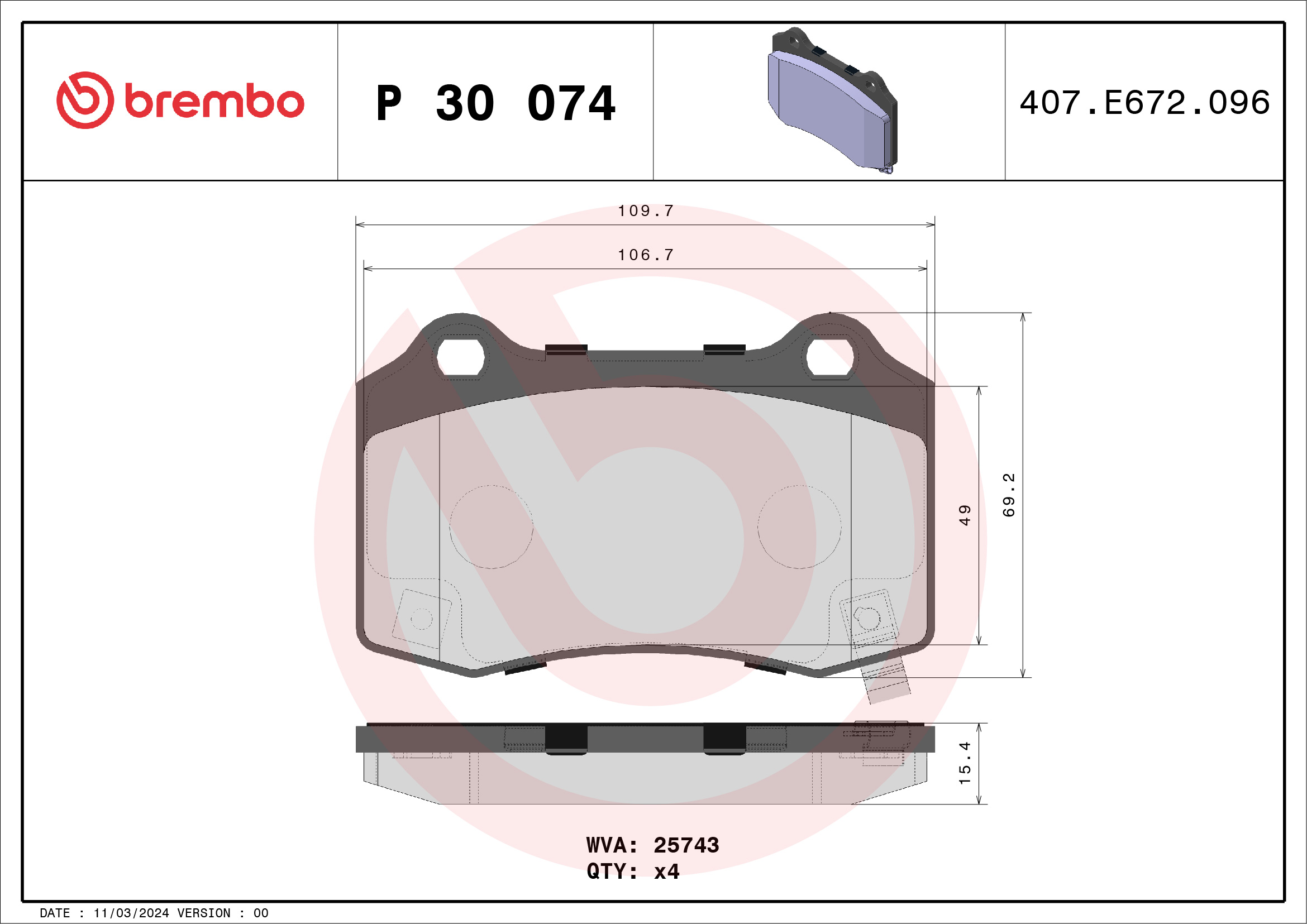 Jogo de 4 pastilhas de travão BREMBO ref. P 30 074