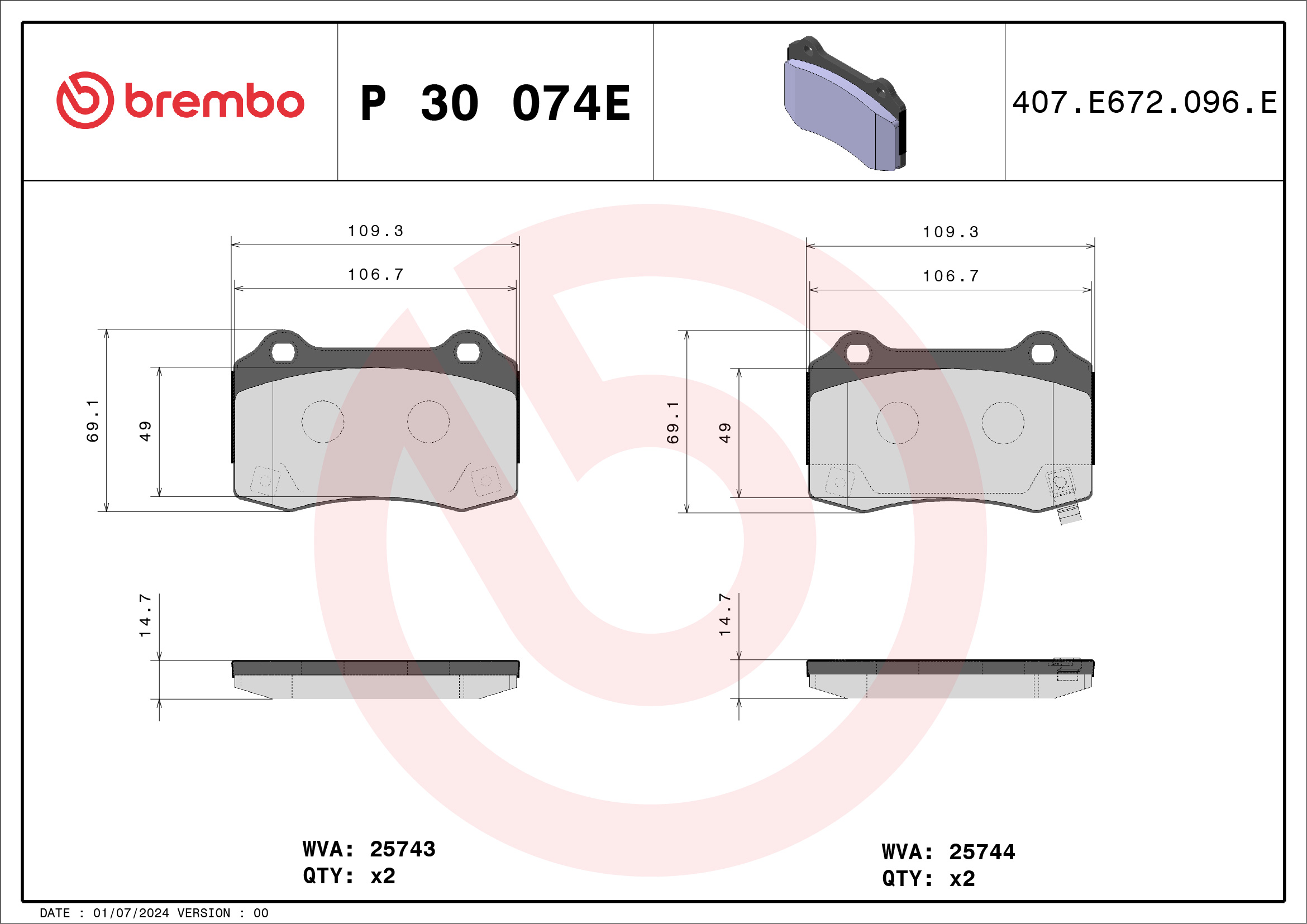 Jogo de 4 pastilhas de travão BREMBO ref. P 30 074E